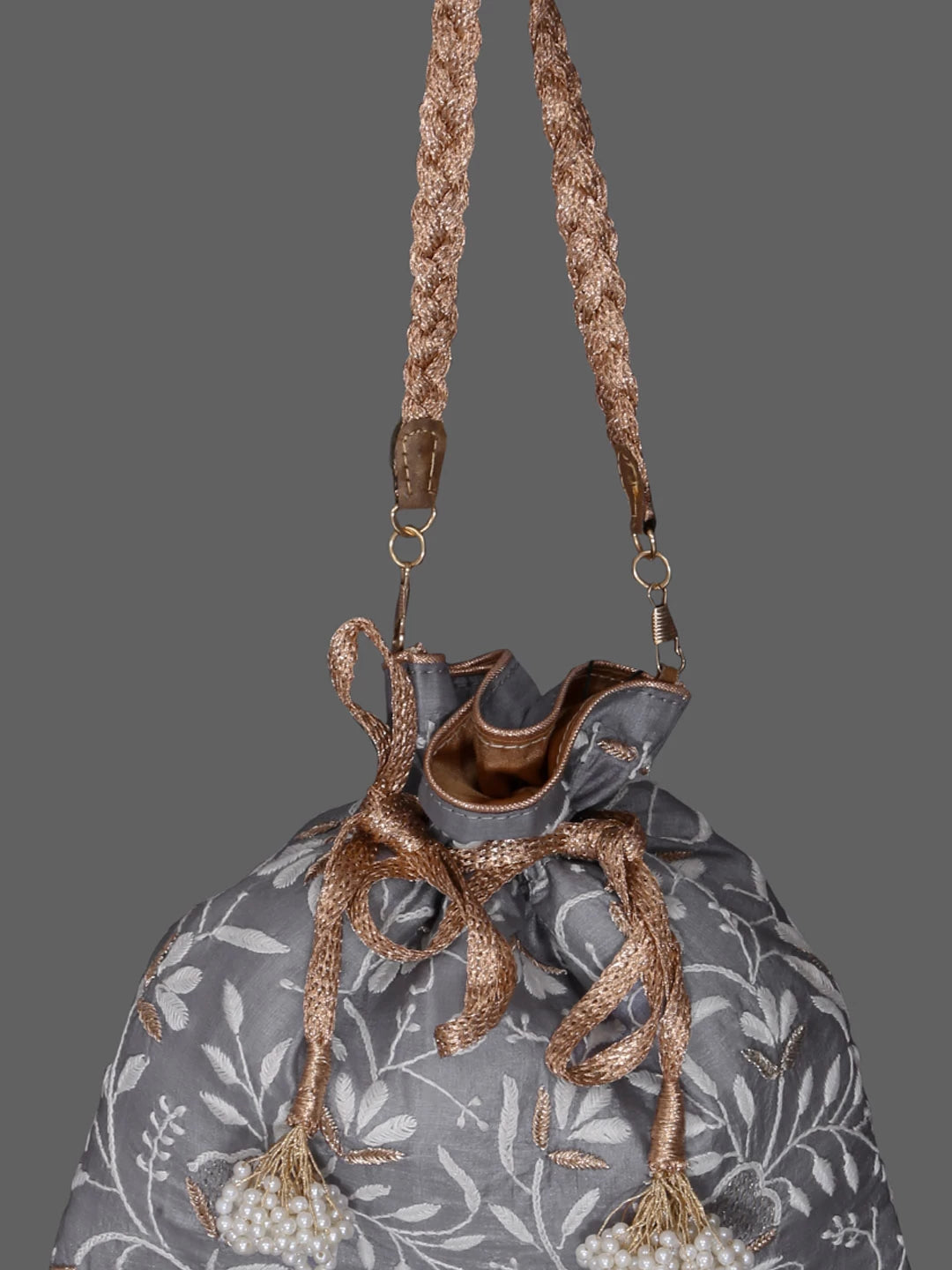 Ada Hand Embroidered Grey Silk Lucknowi Chikankari Potli Bag With Zari Work 01A381870