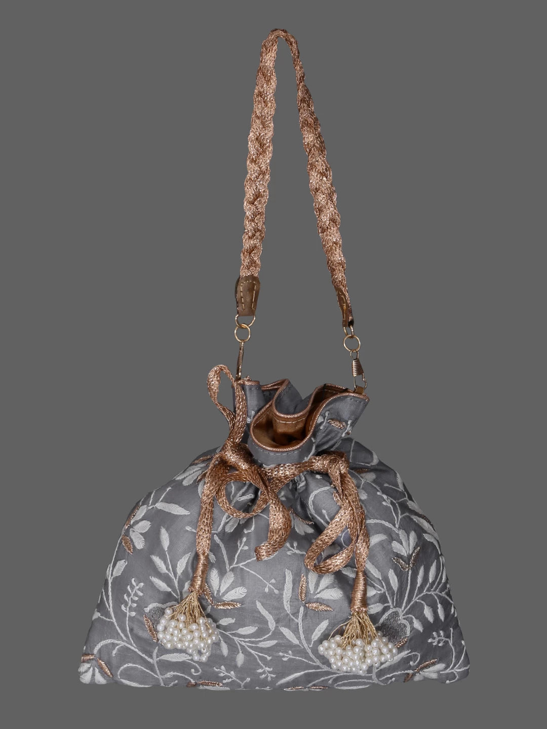 Ada Hand Embroidered Grey Silk Lucknowi Chikankari Potli Bag With Zari Work 01A381870