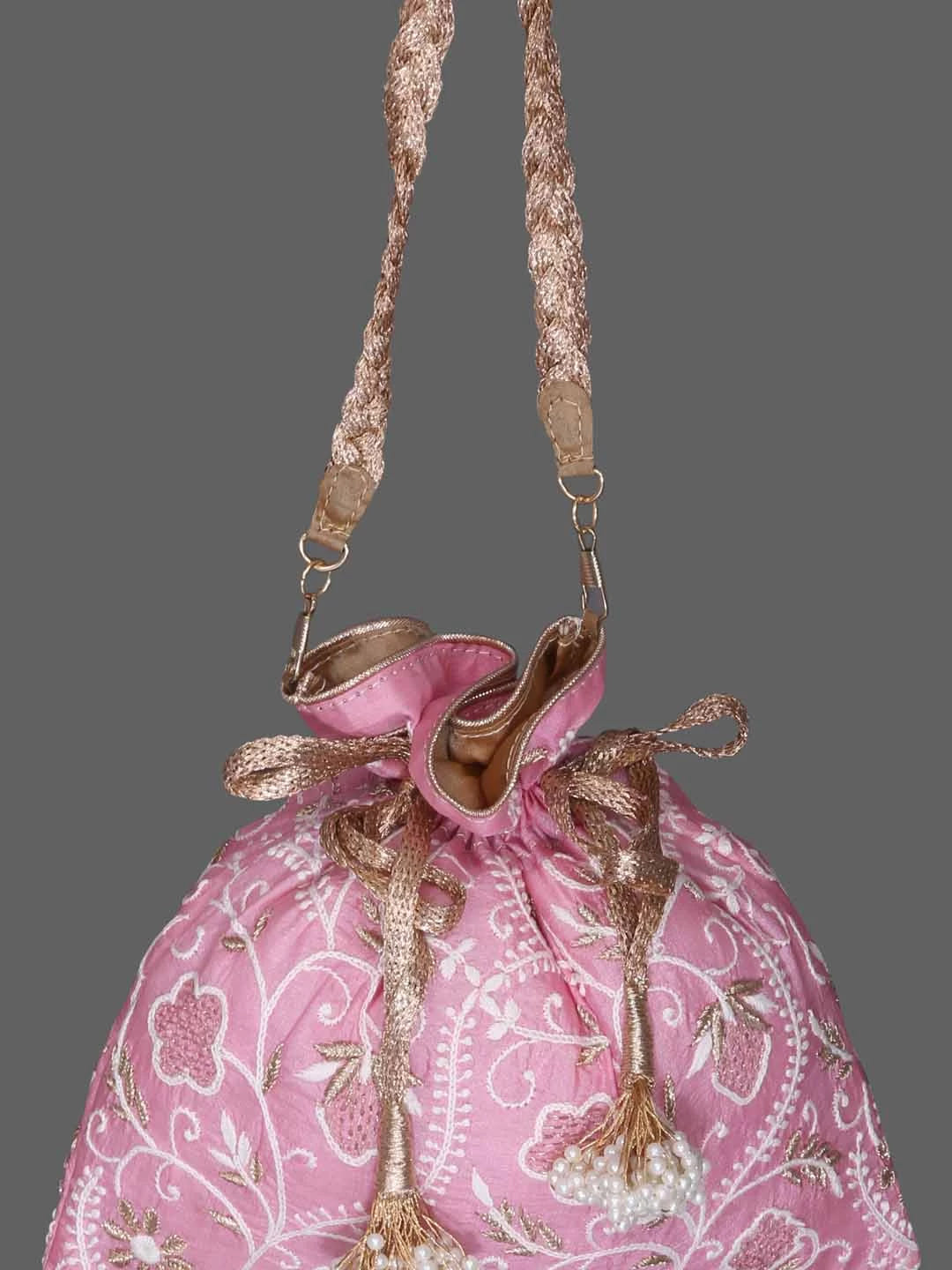 Ada Hand Embroidered Pink Silk Lucknowi Chikankari Potli Bag With Zari Work 01A378197