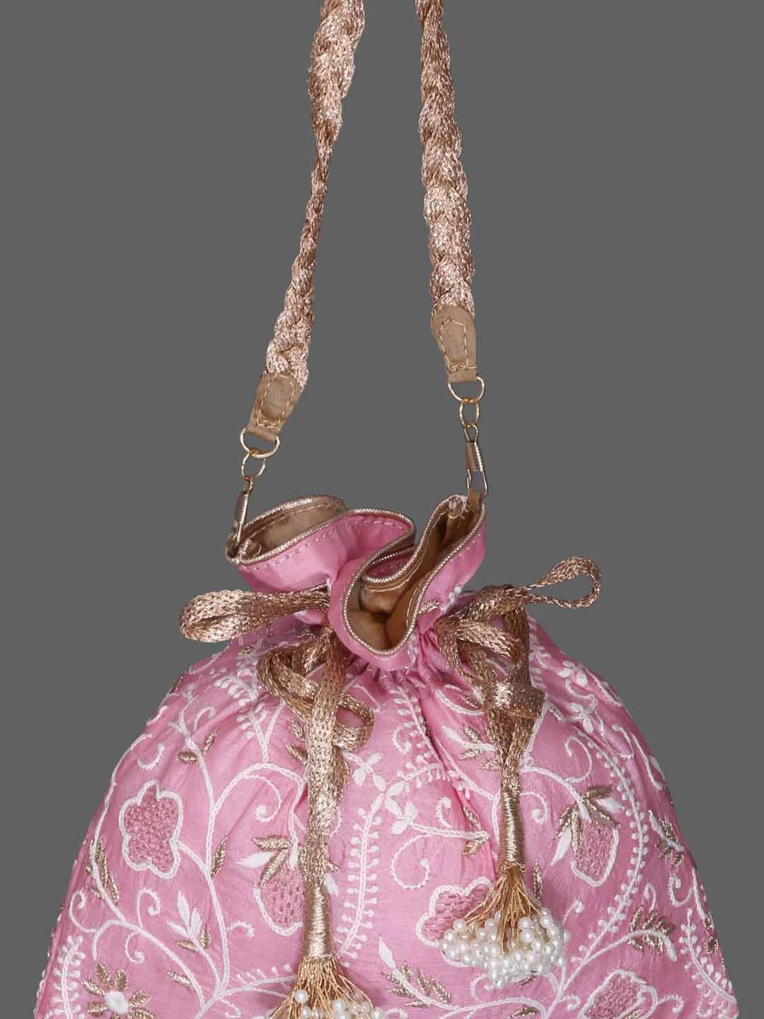 Ada Hand Embroidered Pink Silk Lucknowi Chikankari Potli Bag With Zari Work 01A378197