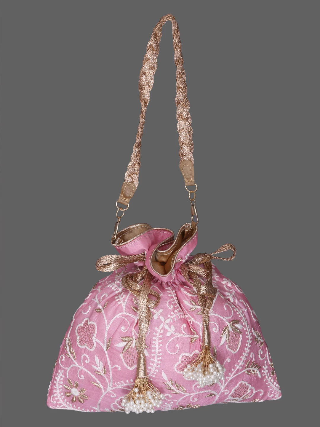 Ada Hand Embroidered Pink Silk Lucknowi Chikankari Potli Bag With Zari Work 01A378197