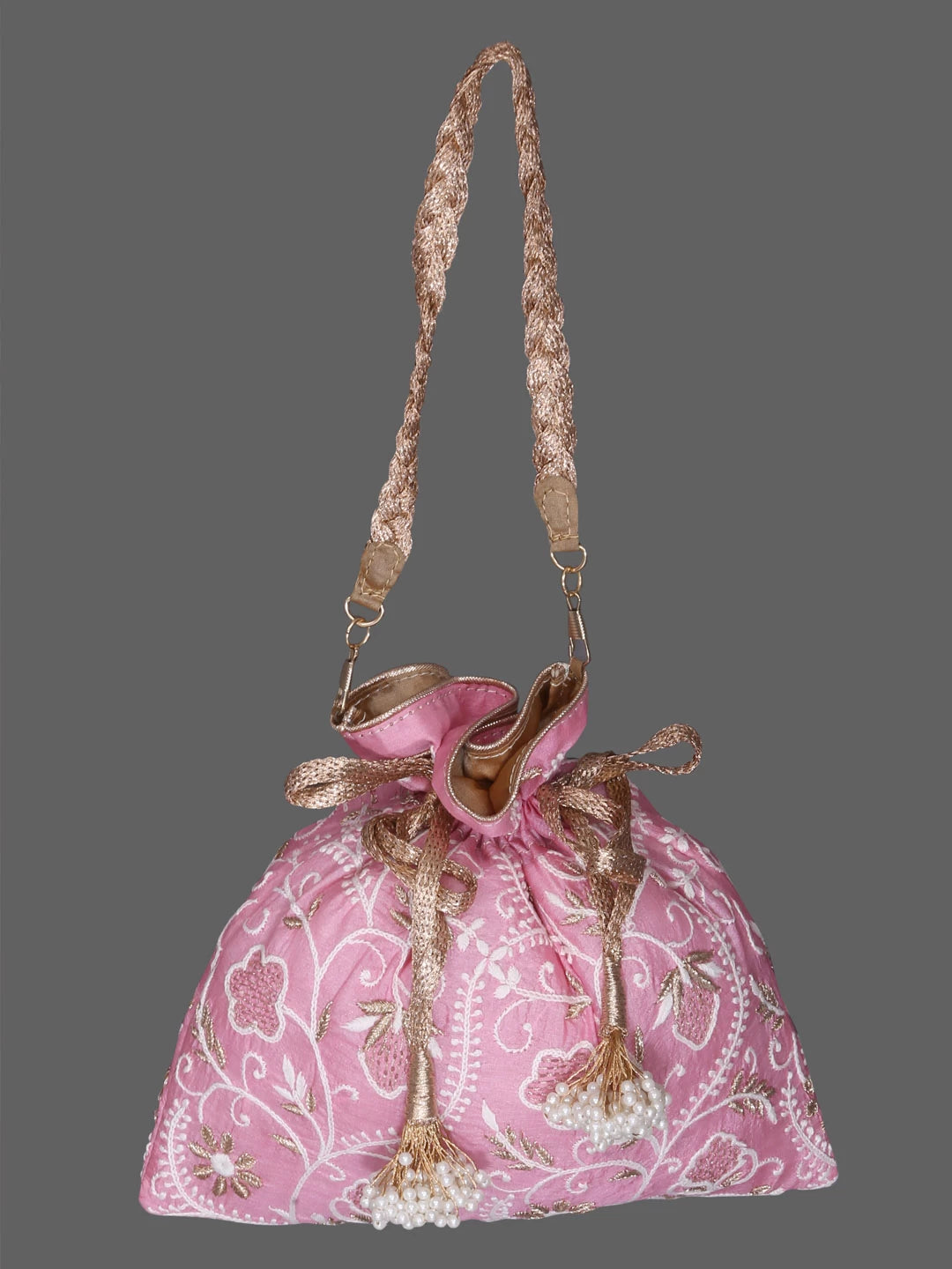 Ada Hand Embroidered Pink Silk Lucknowi Chikankari Potli Bag With Zari Work 01A378197