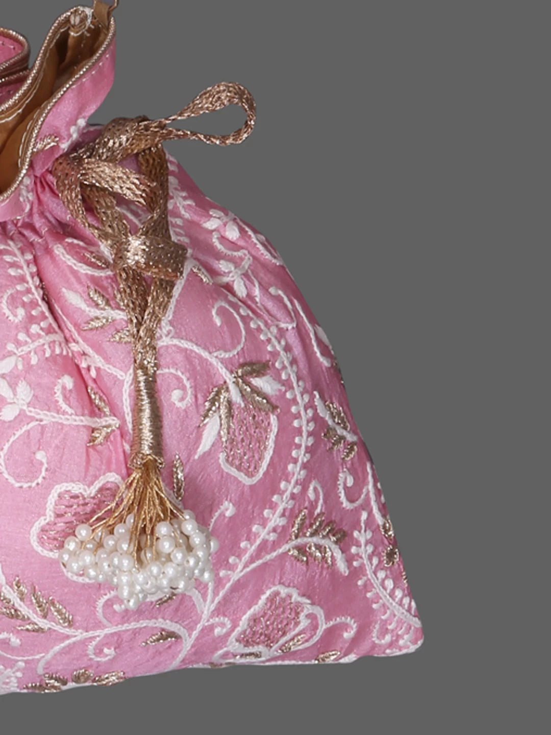 Ada Hand Embroidered Pink Silk Lucknowi Chikankari Potli Bag With Zari Work 01A378197
