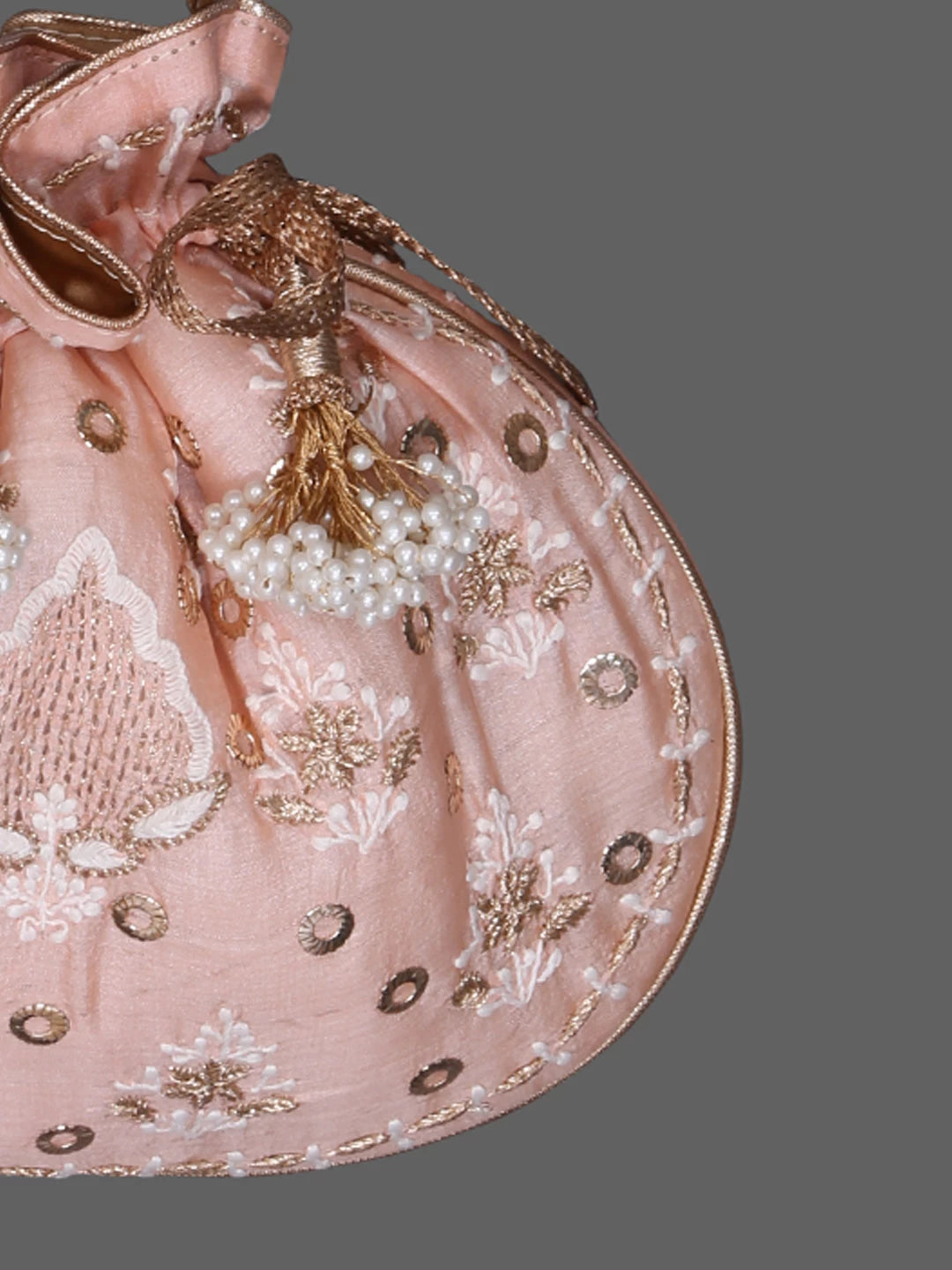 Ada Hand Embroidered Light Peach Silk Lucknowi Chikankari Potli Bag With Zari Work 01A380722