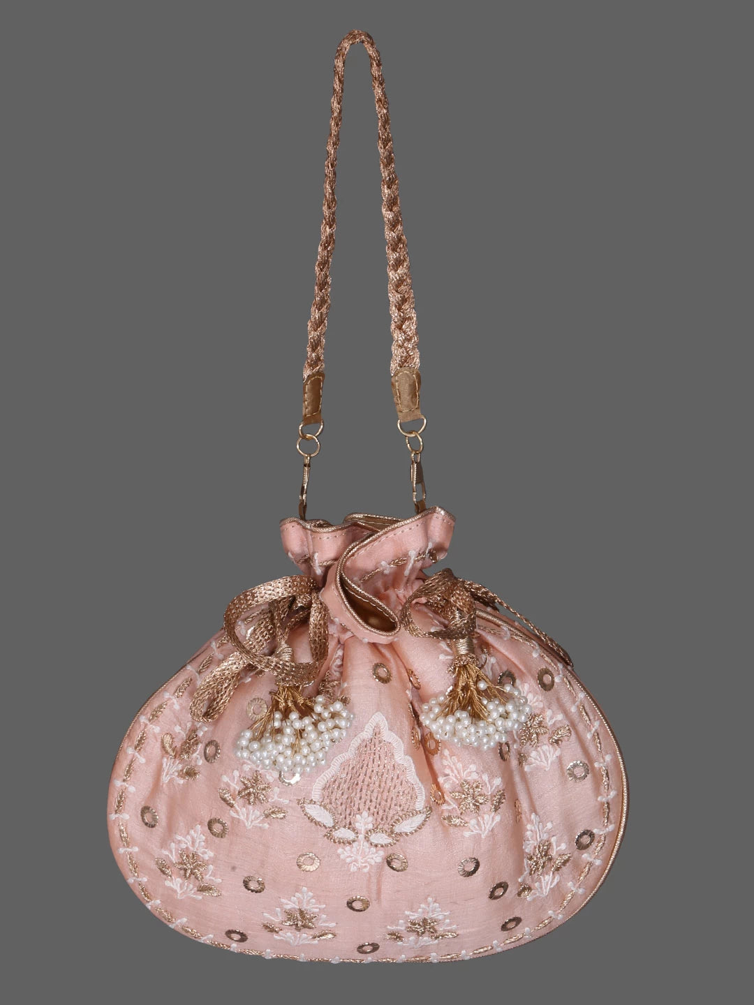 Ada Hand Embroidered Light Peach Silk Lucknowi Chikankari Potli Bag With Zari Work 01A380722