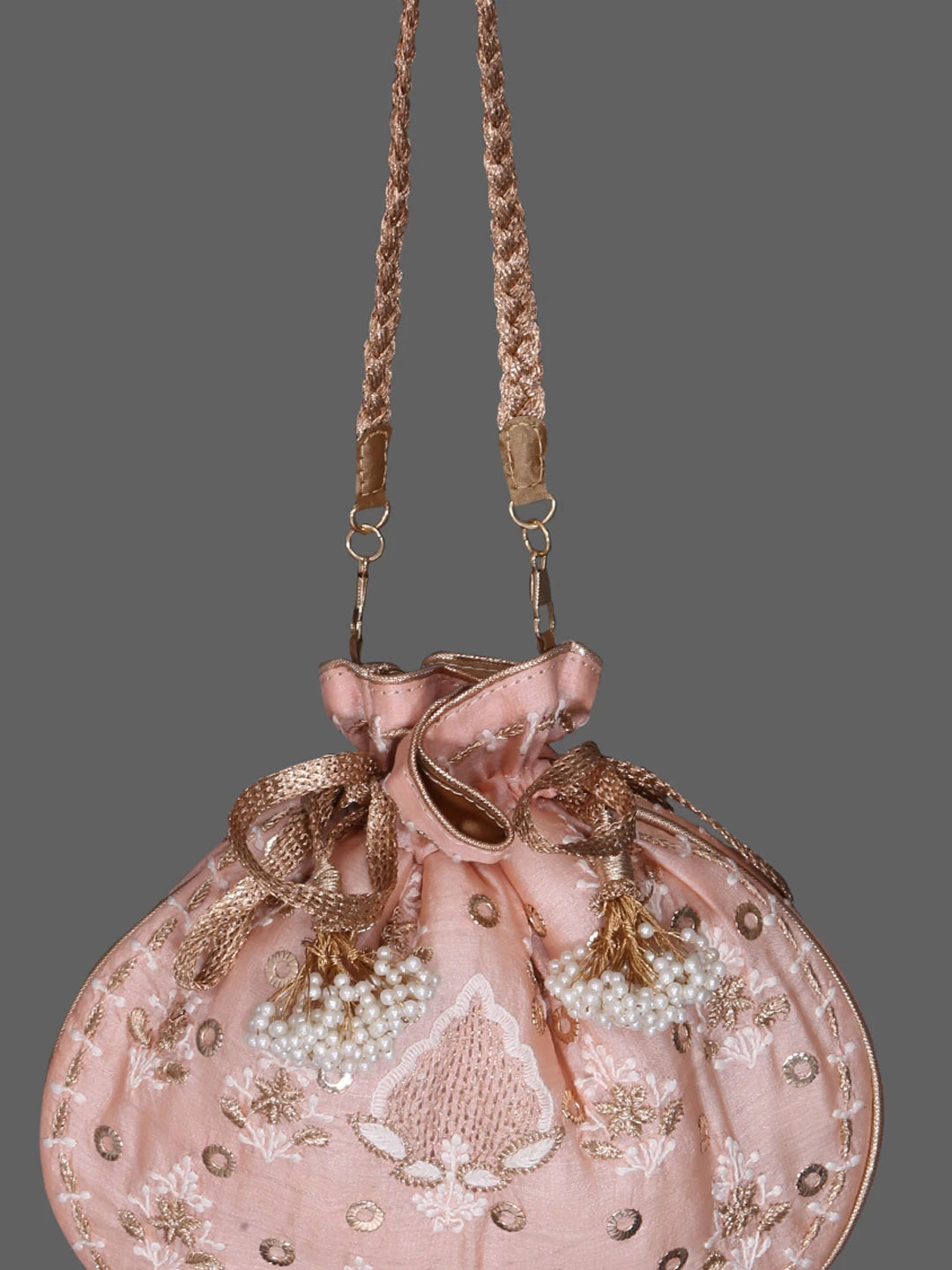 Ada Hand Embroidered Light Peach Silk Lucknowi Chikankari Potli Bag With Zari Work 01A380722