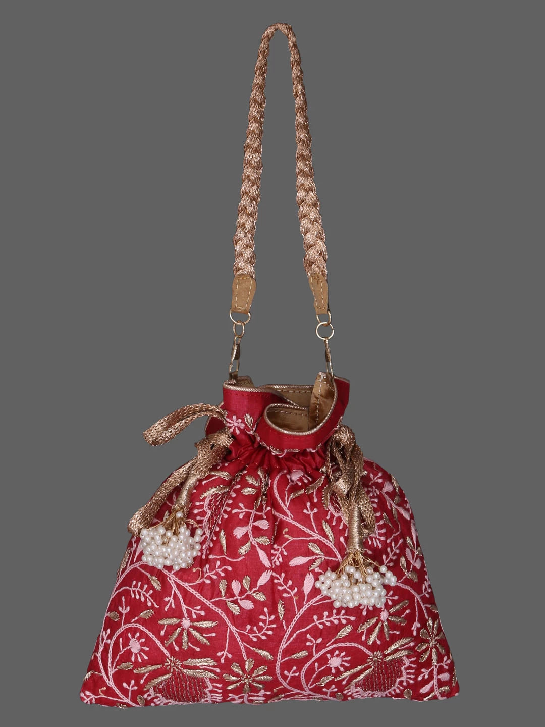 Ada Hand Embroidered Maroon Silk Lucknowi Chikankari Potli Bag With Zari Work 01A378202