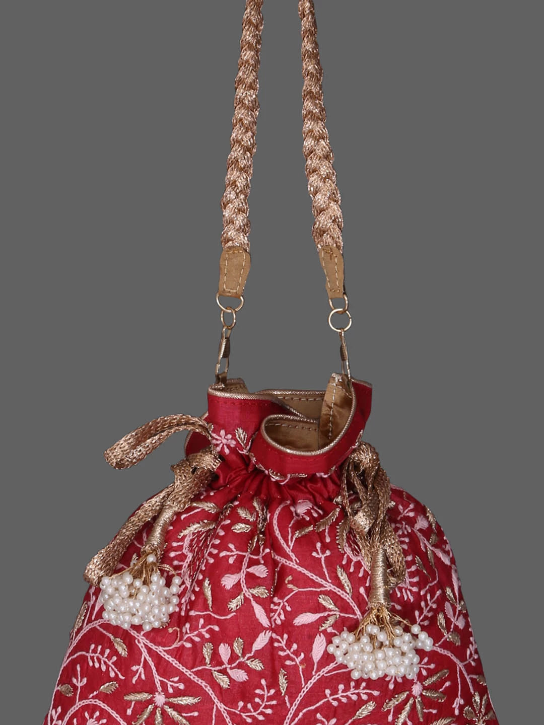 Ada Hand Embroidered Maroon Silk Lucknowi Chikankari Potli Bag With Zari Work 01A378202