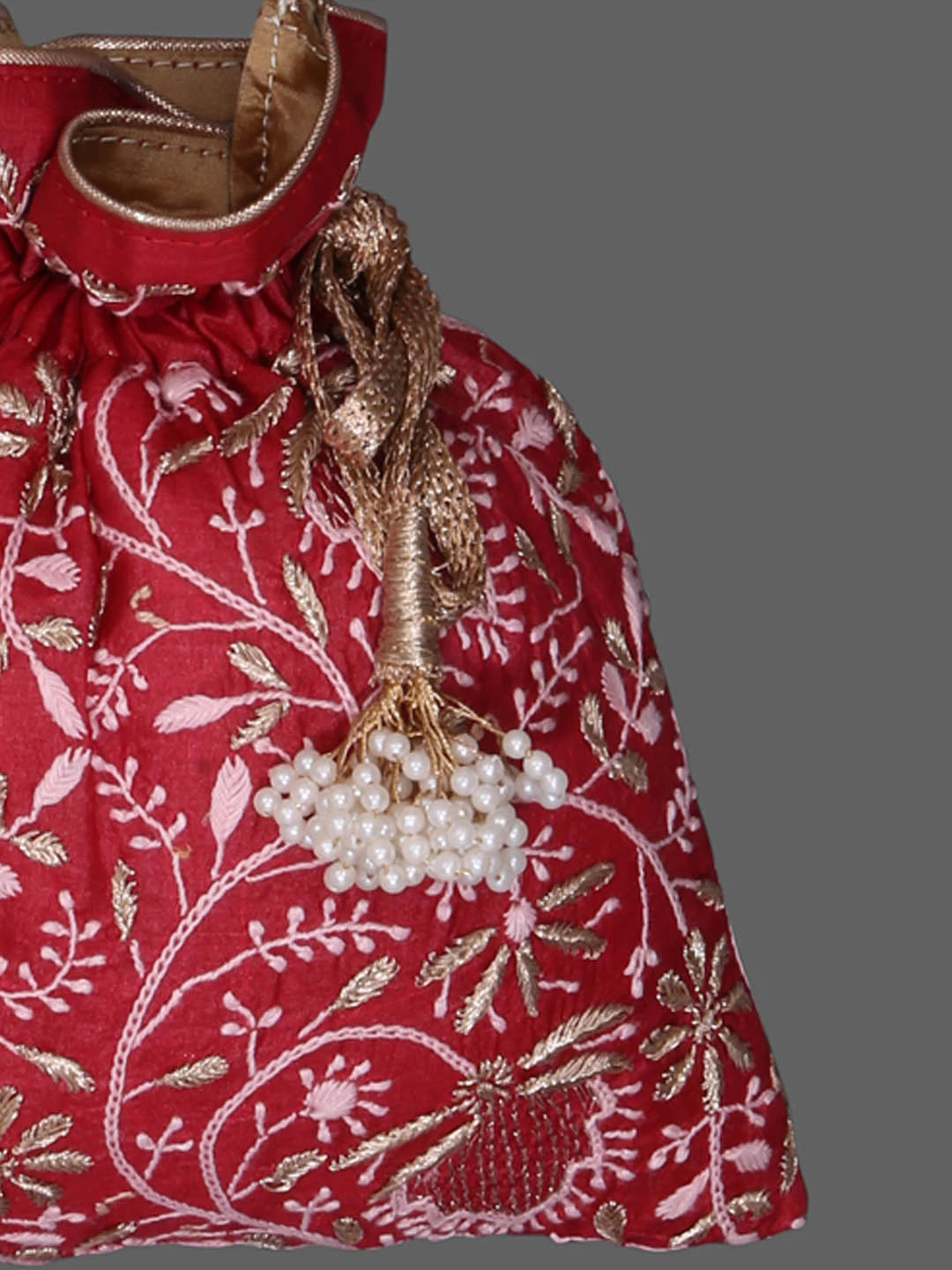 Ada Hand Embroidered Maroon Silk Lucknowi Chikankari Potli Bag With Zari Work 01A378202