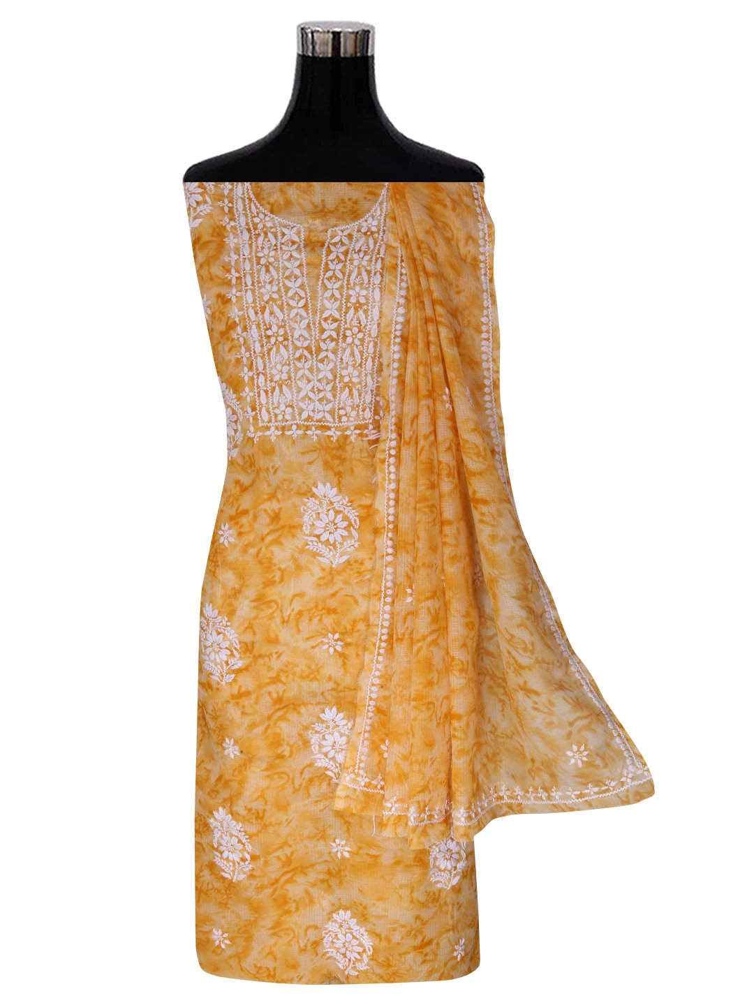 Ada Hand Embroidered Mustard Kota Lucknowi Chikankari Unstitched Kurta Dupatta Set 01A389478