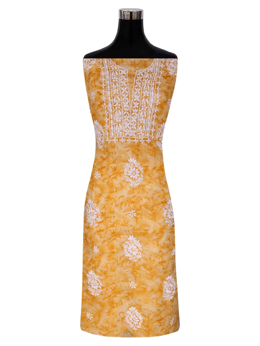 Ada Hand Embroidered Mustard Kota Lucknowi Chikankari Unstitched Kurta Dupatta Set 01A389478