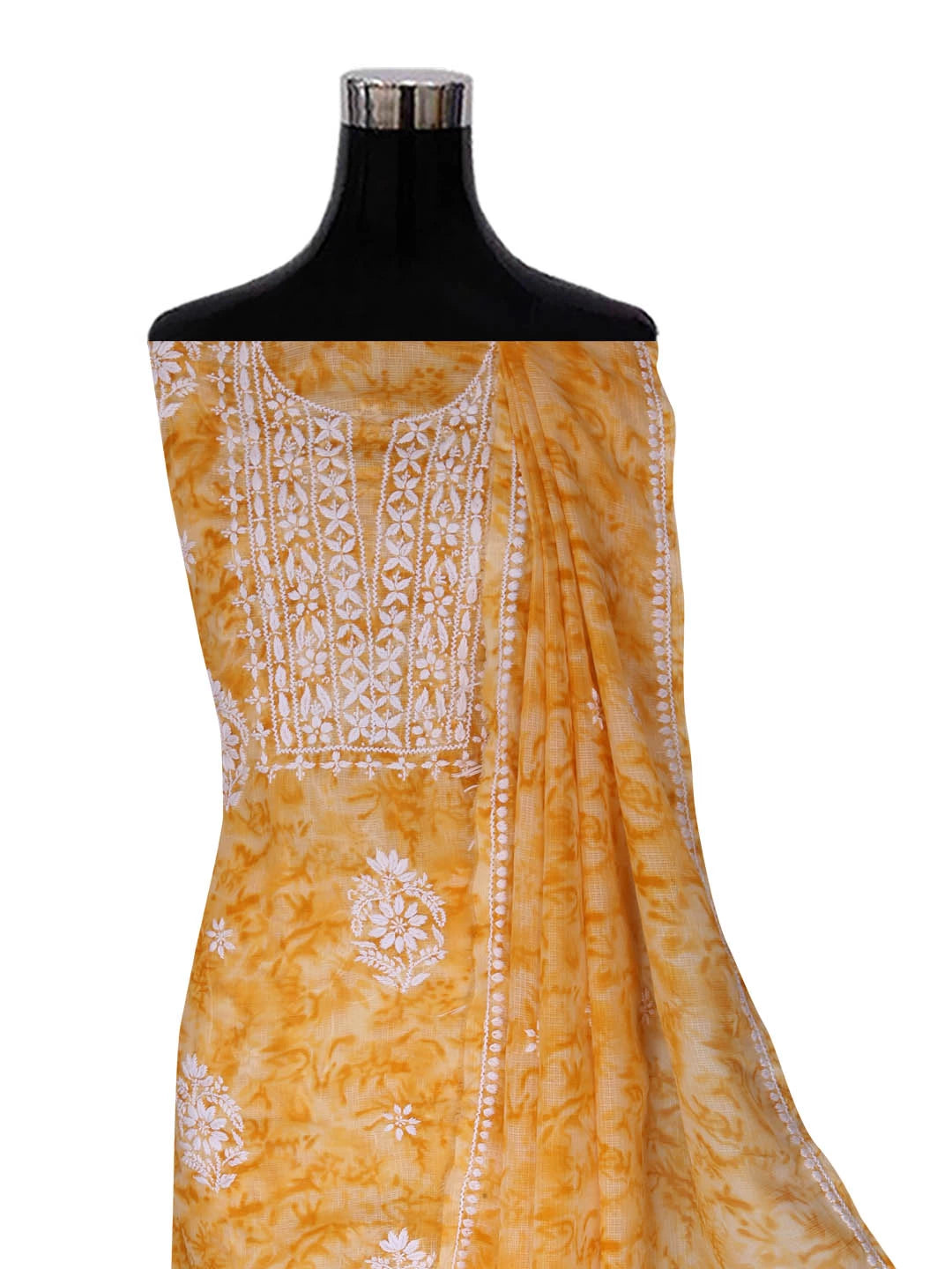 Ada Hand Embroidered Mustard Kota Lucknowi Chikankari Unstitched Kurta Dupatta Set 01A389478