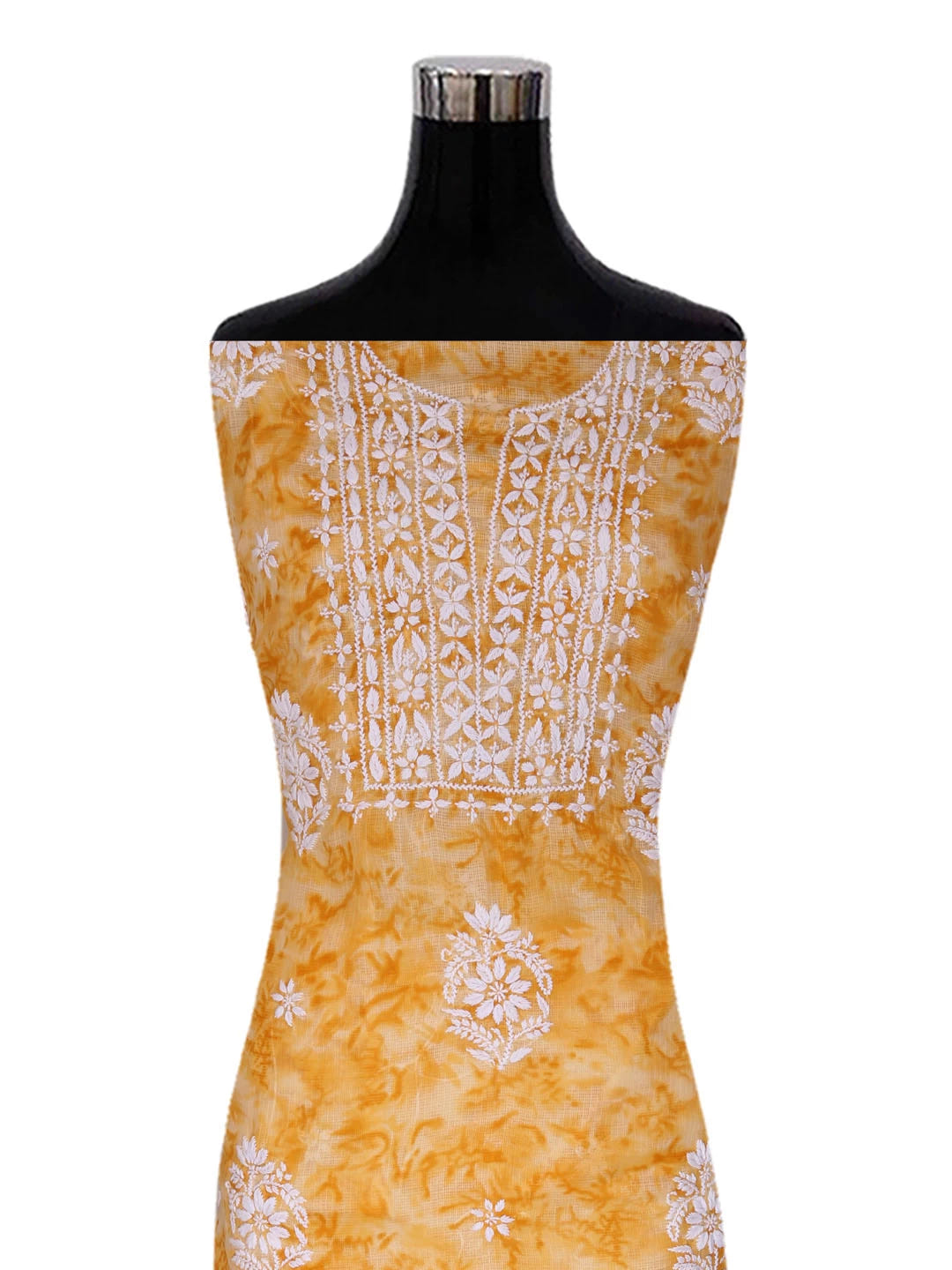 Ada Hand Embroidered Mustard Kota Lucknowi Chikankari Unstitched Kurta Dupatta Set 01A389478