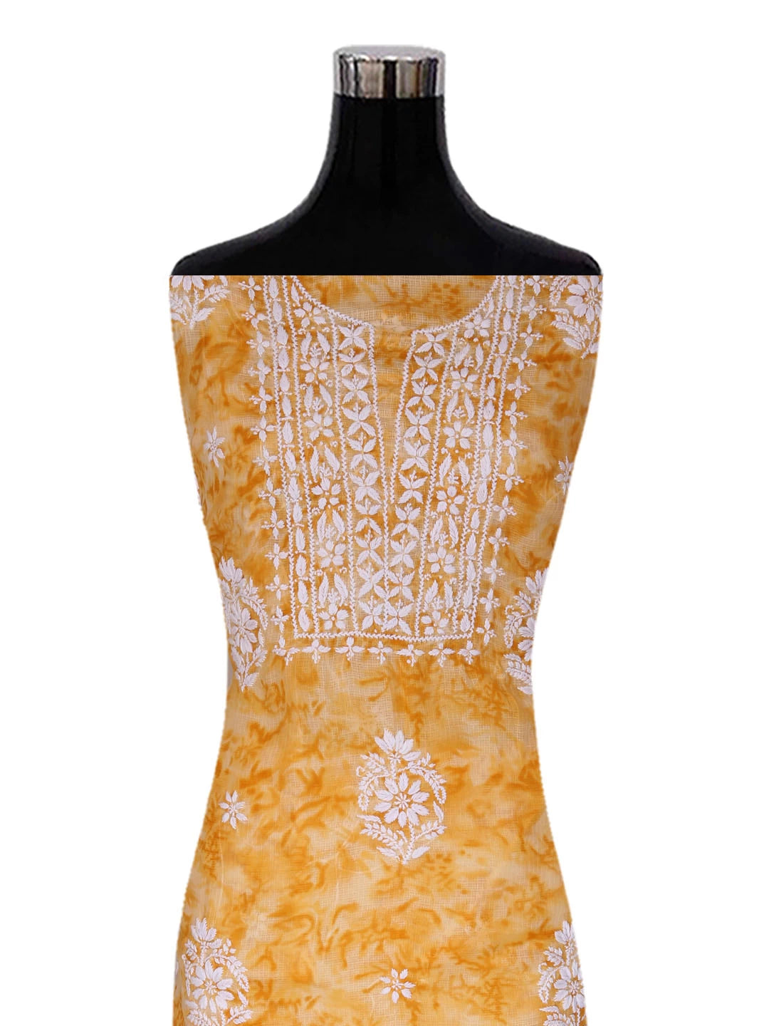Ada Hand Embroidered Mustard Kota Lucknowi Chikankari Unstitched Kurta Dupatta Set 01A389478