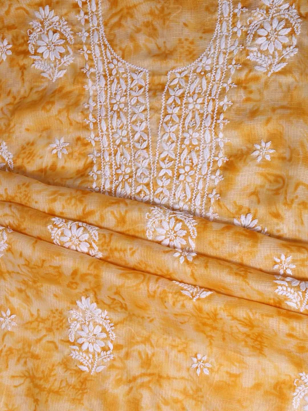 Ada Hand Embroidered Mustard Kota Lucknowi Chikankari Unstitched Kurta Dupatta Set 01A389478