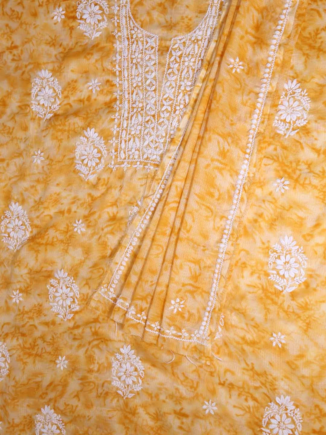 Ada Hand Embroidered Mustard Kota Lucknowi Chikankari Unstitched Kurta Dupatta Set 01A389478