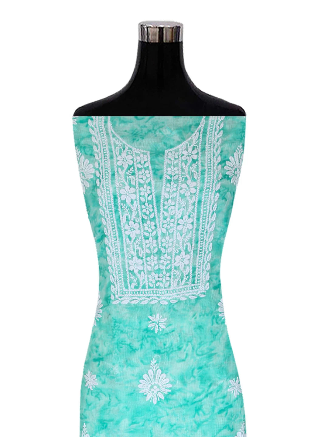 Ada Hand Embroidered Sea Green Kota Lucknowi Chikankari Unstitched Kurta Dupatta Set 01A389464