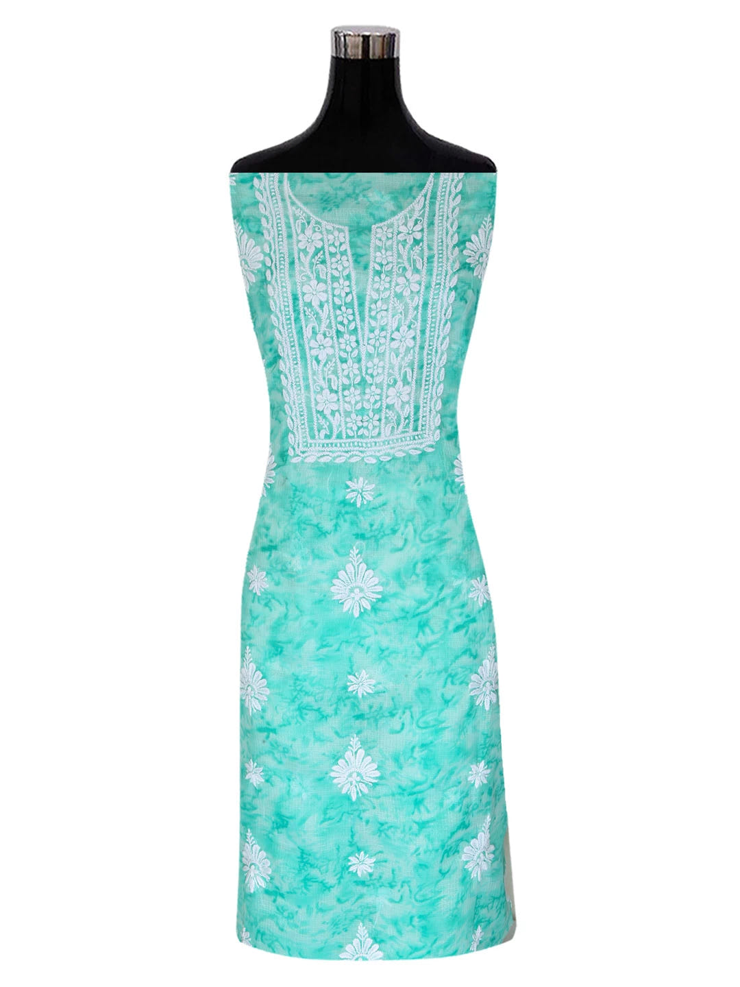 Ada Hand Embroidered Sea Green Kota Lucknowi Chikankari Unstitched Kurta Dupatta Set 01A389464