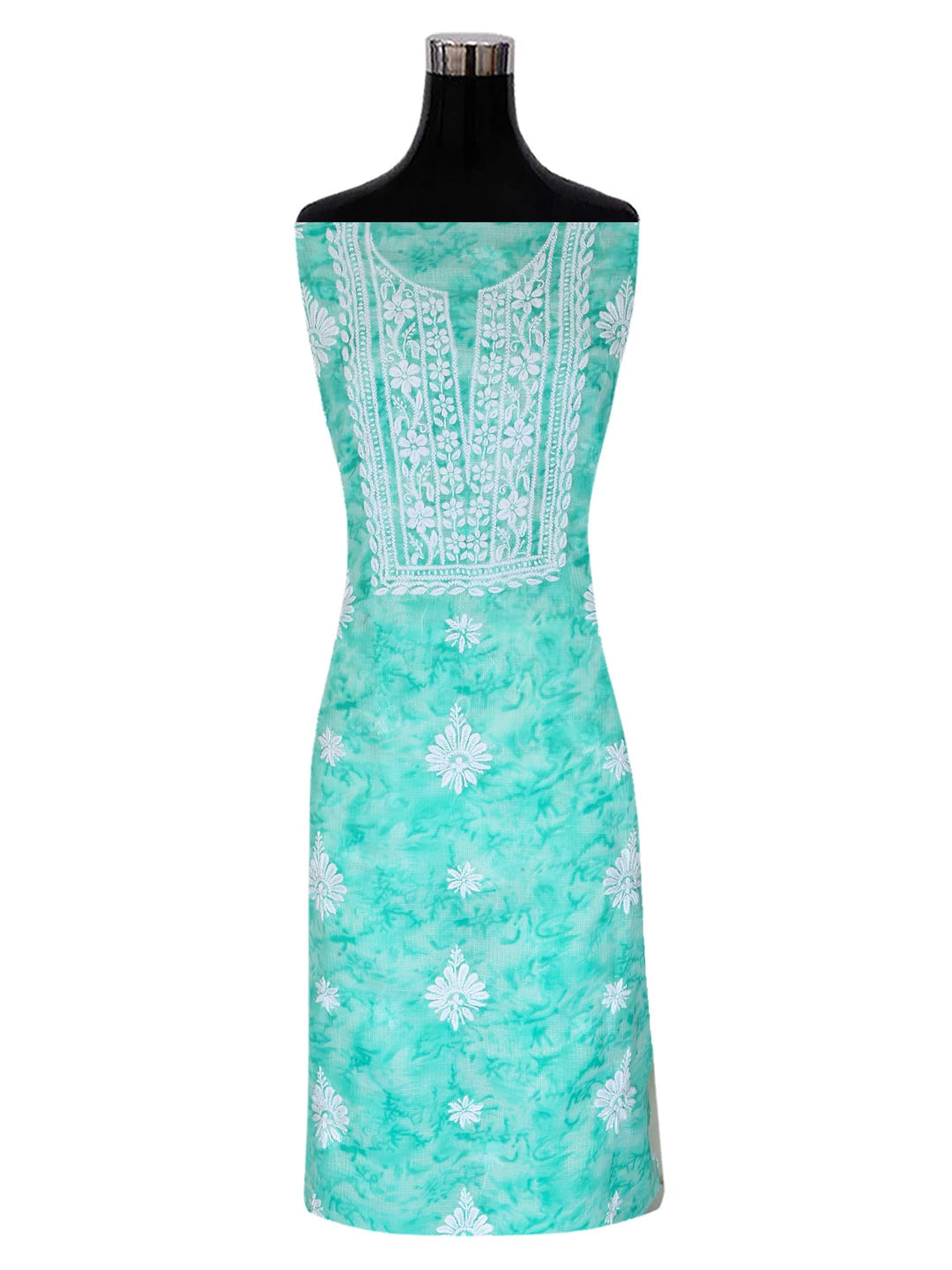Ada Hand Embroidered Sea Green Kota Lucknowi Chikankari Unstitched Kurta Dupatta Set 01A389464