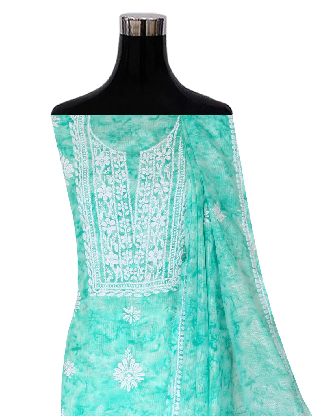 Ada Hand Embroidered Sea Green Kota Lucknowi Chikankari Unstitched Kurta Dupatta Set 01A389464