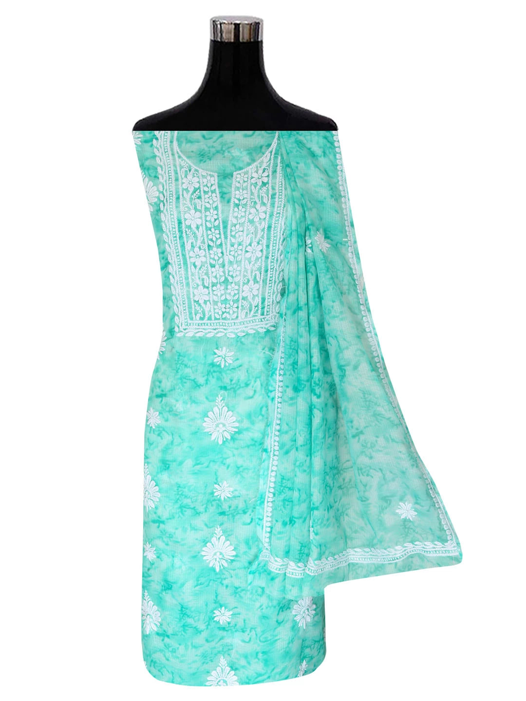 Ada Hand Embroidered Sea Green Kota Lucknowi Chikankari Unstitched Kurta Dupatta Set 01A389464
