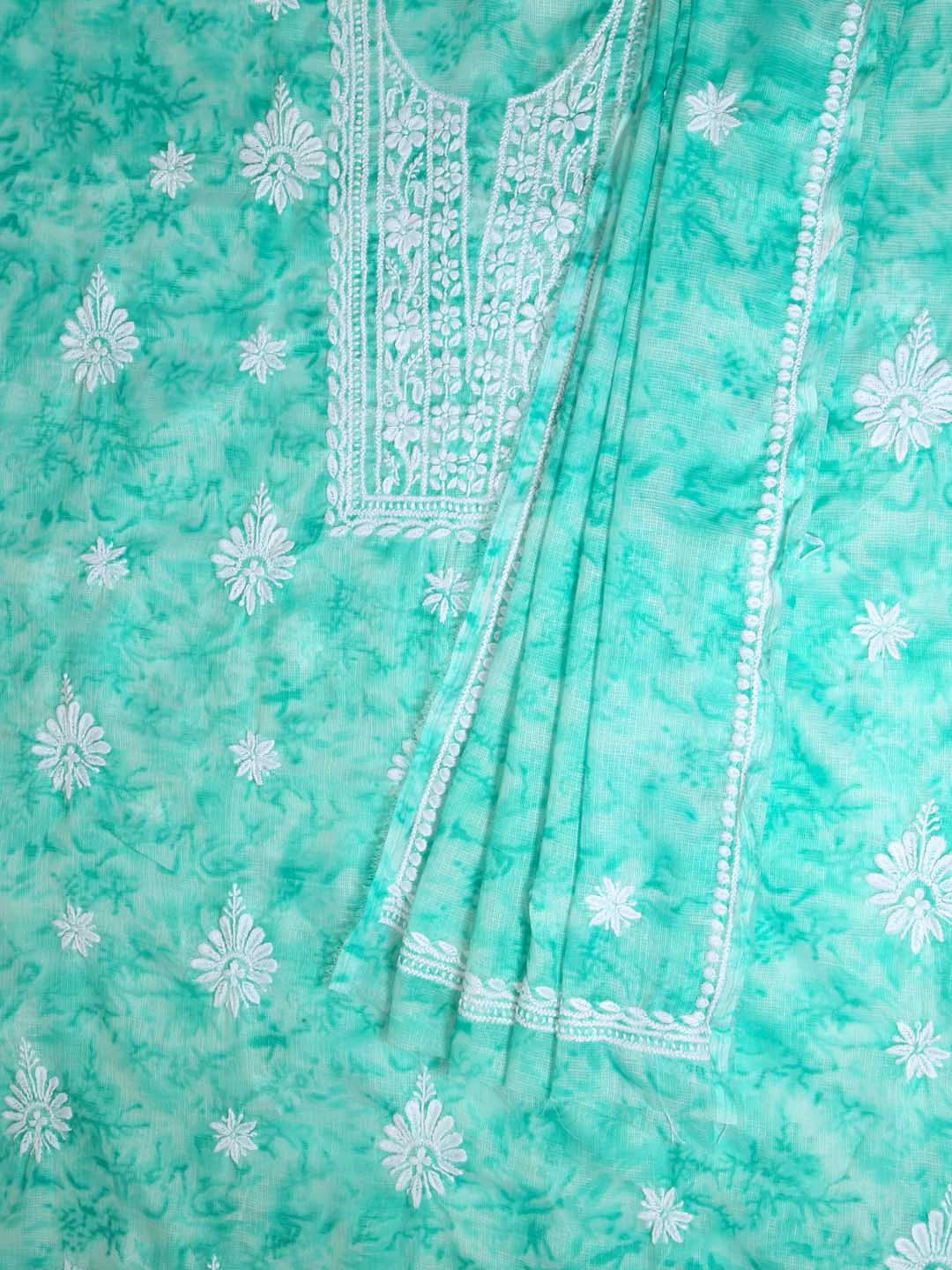 Ada Hand Embroidered Sea Green Kota Lucknowi Chikankari Unstitched Kurta Dupatta Set 01A389464