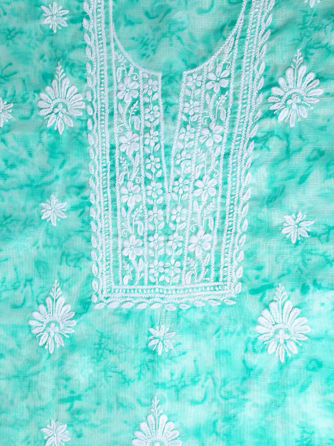Ada Hand Embroidered Sea Green Kota Lucknowi Chikankari Unstitched Kurta Dupatta Set 01A389464