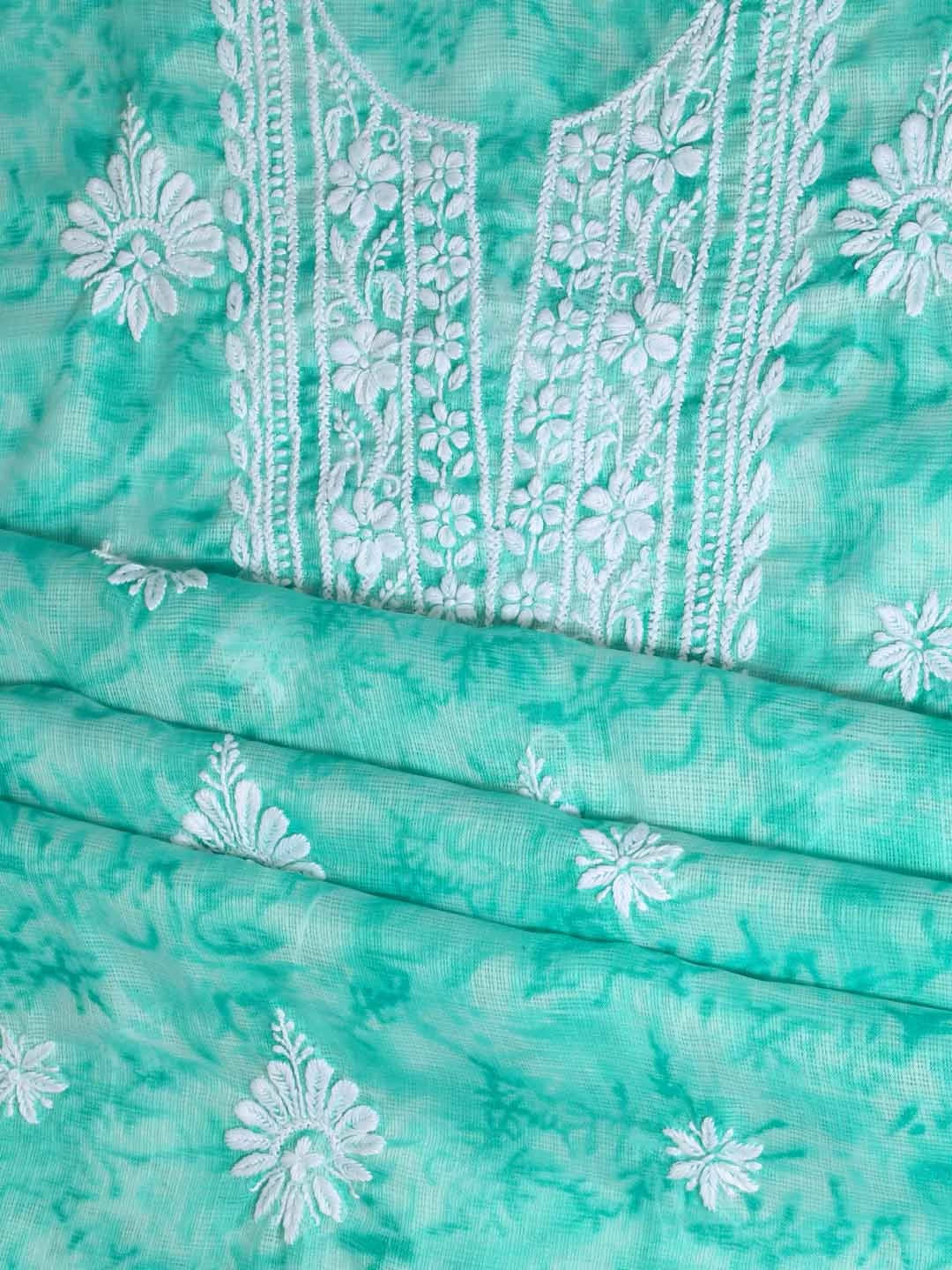 Ada Hand Embroidered Sea Green Kota Lucknowi Chikankari Unstitched Kurta Dupatta Set 01A389464