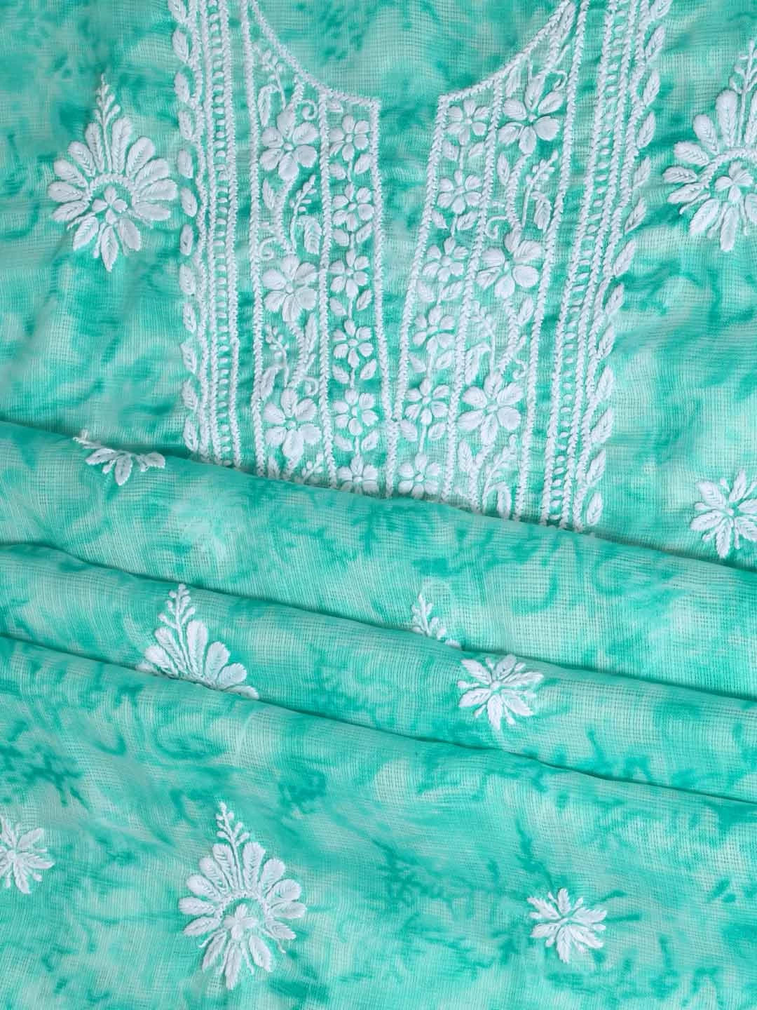 Ada Hand Embroidered Sea Green Kota Lucknowi Chikankari Unstitched Kurta Dupatta Set 01A389464