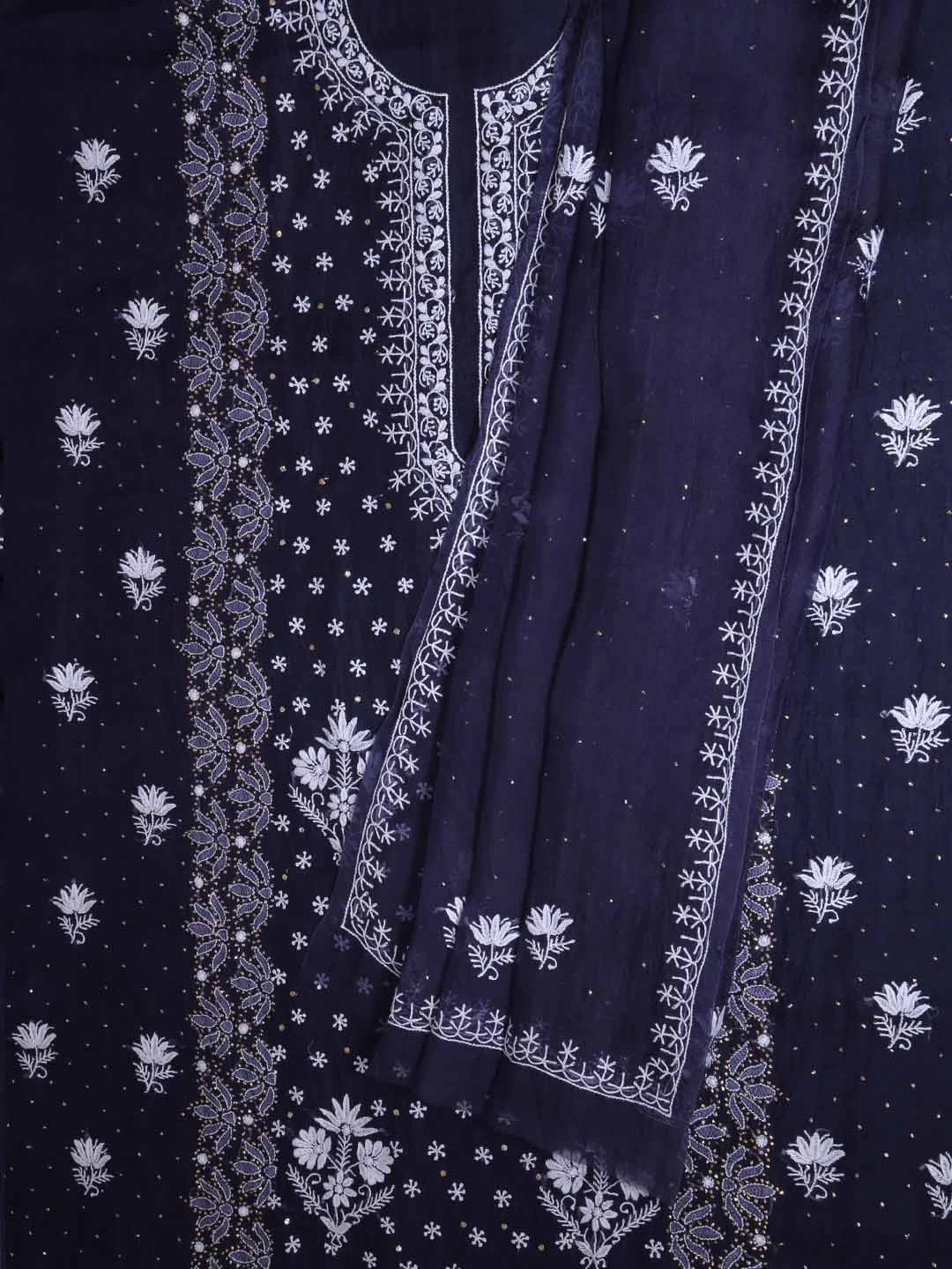 Ada Hand Embroidered Midnight Blue Organza Lucknowi Chikankari Unstitched Kurta Dupatta Set With Mukaish Work 01A396079