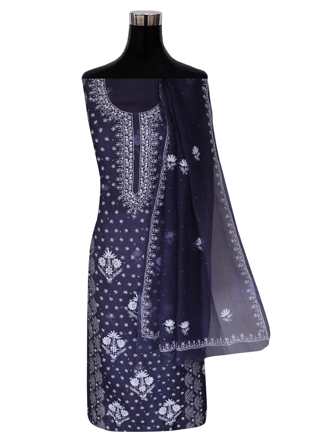 Ada Hand Embroidered Midnight Blue Organza Lucknowi Chikankari Unstitched Kurta Dupatta Set With Mukaish Work 01A396079