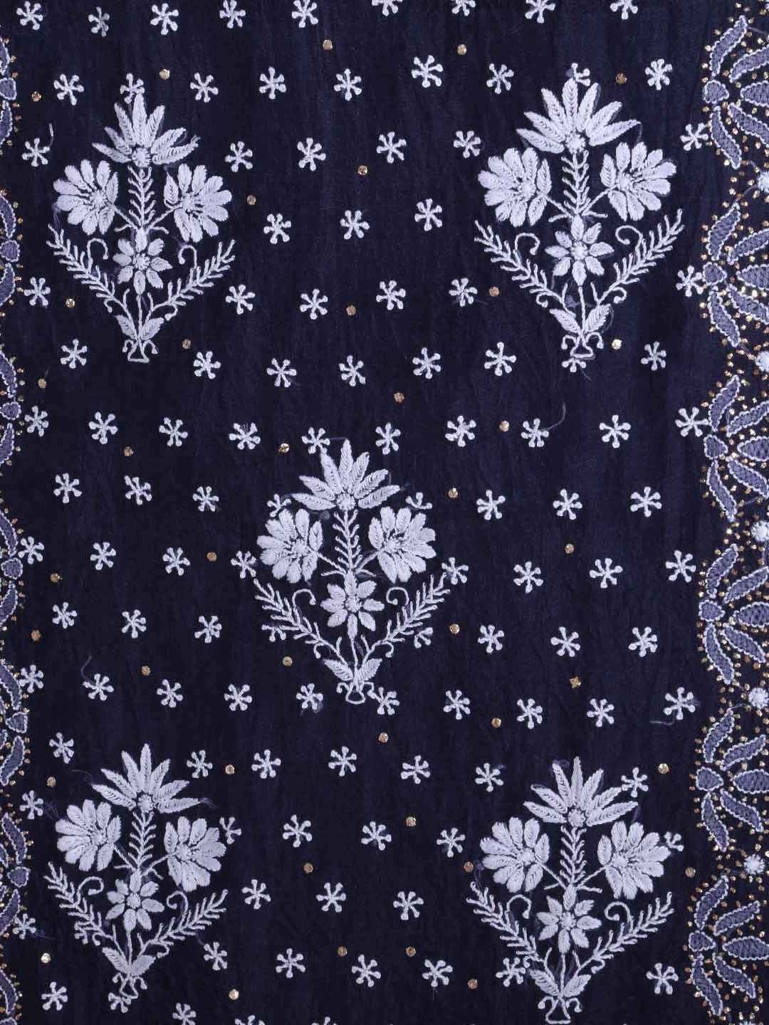 Ada Hand Embroidered Midnight Blue Organza Lucknowi Chikankari Unstitched Kurta Dupatta Set With Mukaish Work 01A396079