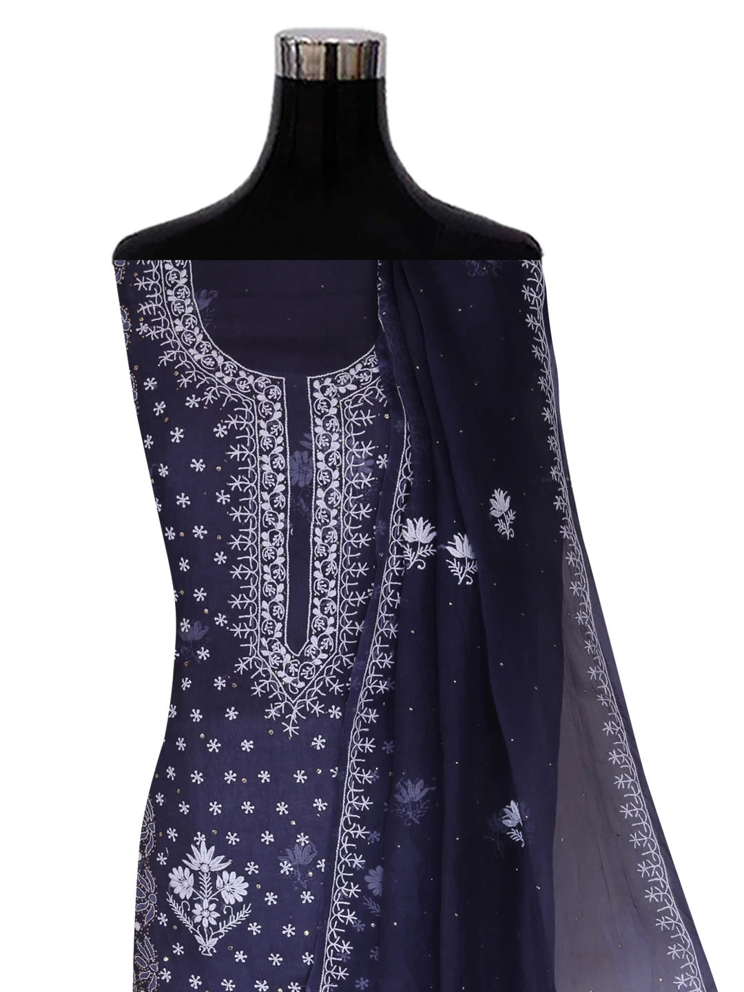 Ada Hand Embroidered Midnight Blue Organza Lucknowi Chikankari Unstitched Kurta Dupatta Set With Mukaish Work 01A396079