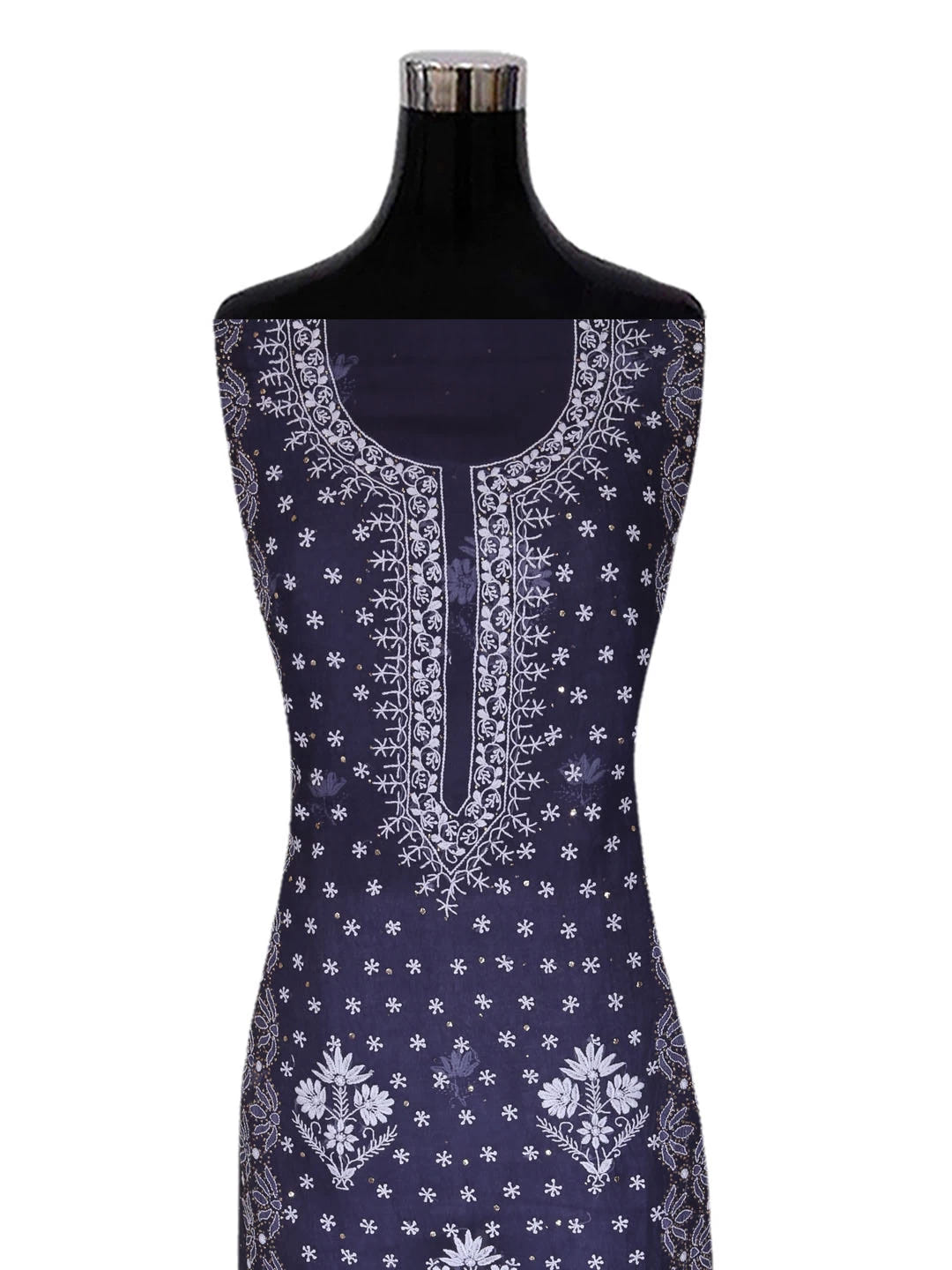 Ada Hand Embroidered Midnight Blue Organza Lucknowi Chikankari Unstitched Kurta Dupatta Set With Mukaish Work 01A396079