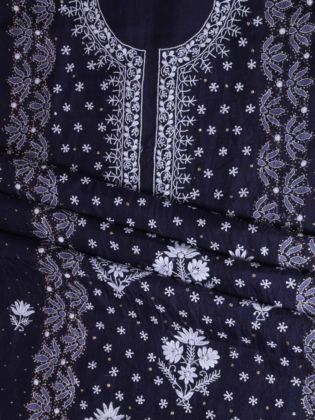 Ada Hand Embroidered Midnight Blue Organza Lucknowi Chikankari Unstitched Kurta Dupatta Set With Mukaish Work 01A396079