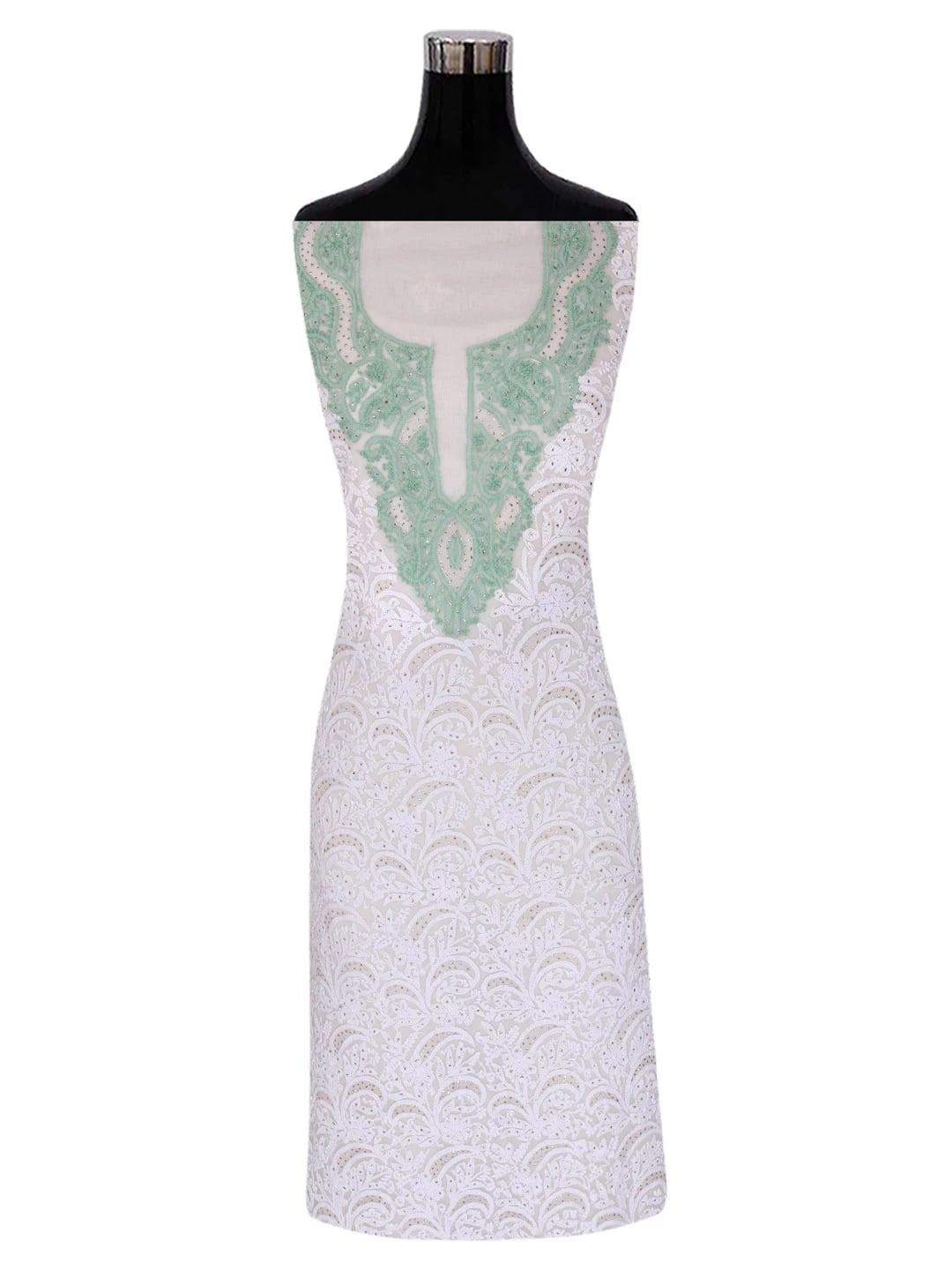 Ada Hand Embroidered White Net Lucknowi Chikankari Unstitched Kurta Dupatta Set With Muqaish Work A103484
