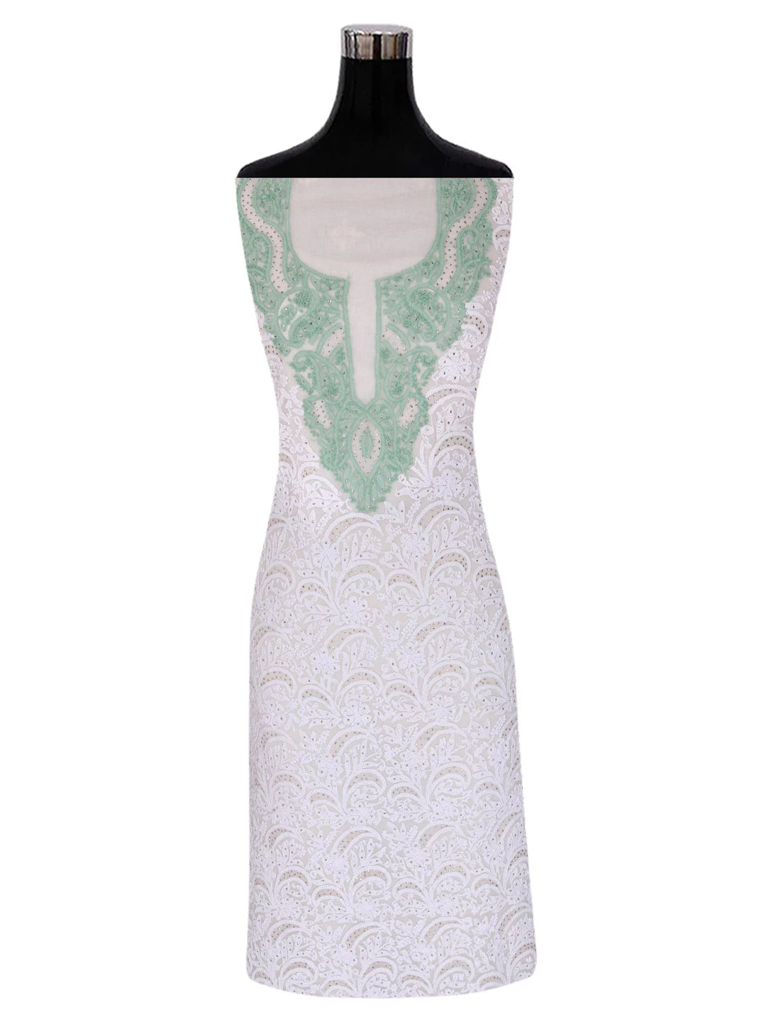 Ada Hand Embroidered White Net Lucknowi Chikankari Unstitched Kurta Dupatta Set With Muqaish Work A103484