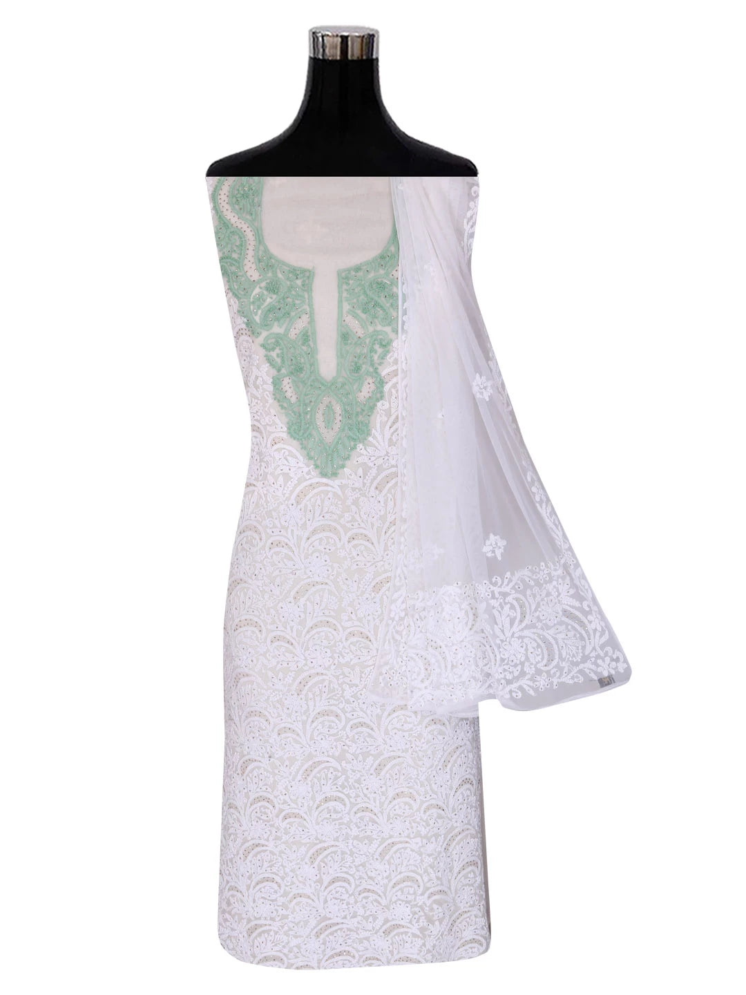 Ada Hand Embroidered White Net Lucknowi Chikankari Unstitched Kurta Dupatta Set With Muqaish Work A103484