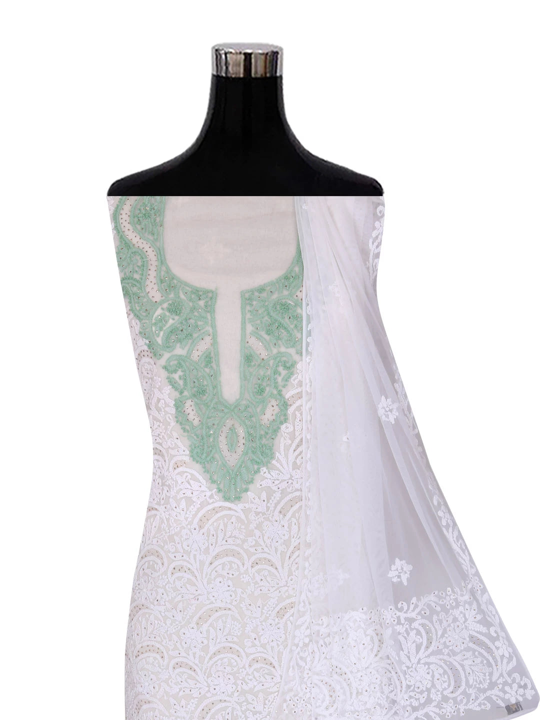 Ada Hand Embroidered White Net Lucknowi Chikankari Unstitched Kurta Dupatta Set With Muqaish Work A103484