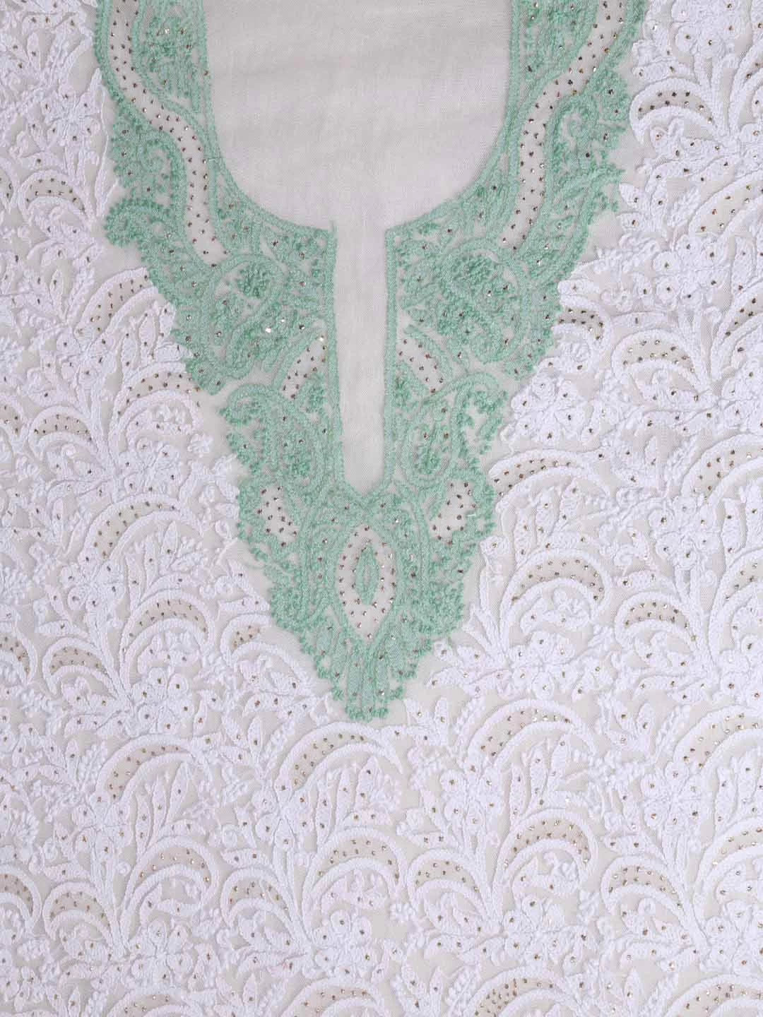 Ada Hand Embroidered White Net Lucknowi Chikankari Unstitched Kurta Dupatta Set With Muqaish Work A103484