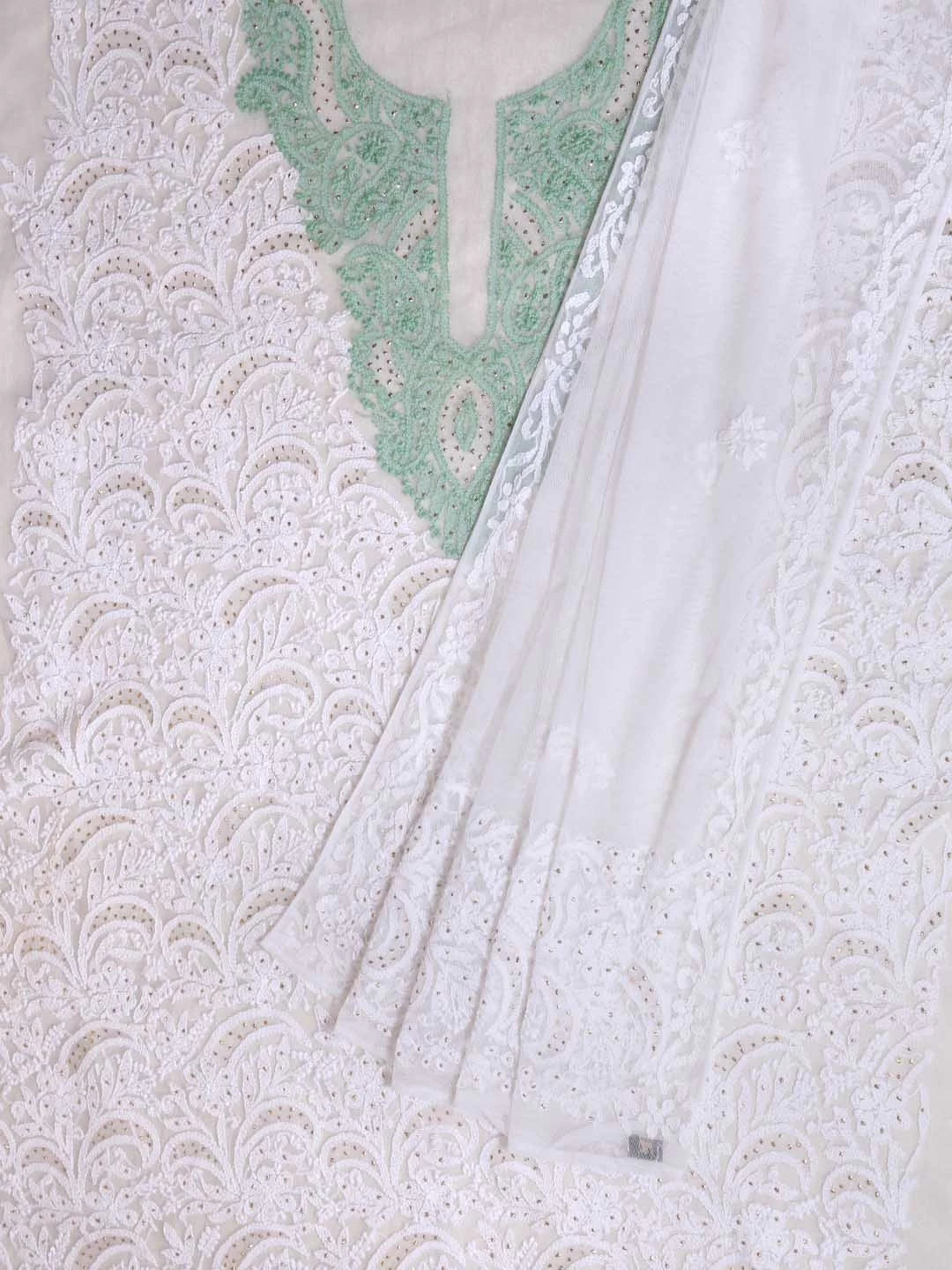 Ada Hand Embroidered White Net Lucknowi Chikankari Unstitched Kurta Dupatta Set With Muqaish Work A103484