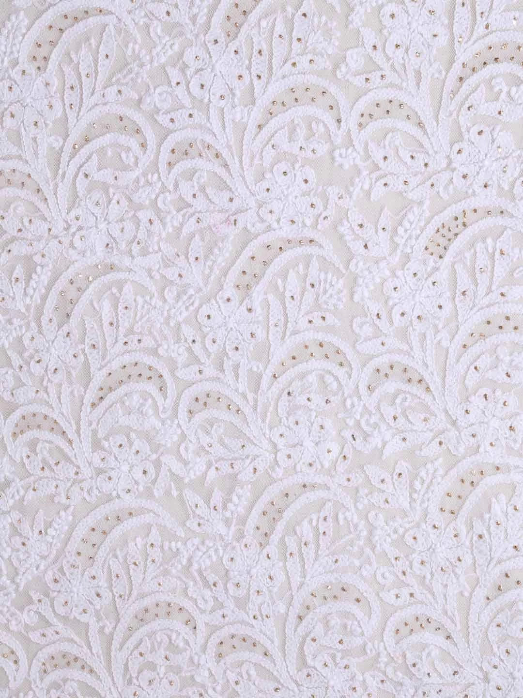 Ada Hand Embroidered White Net Lucknowi Chikankari Unstitched Kurta Dupatta Set With Muqaish Work A103484