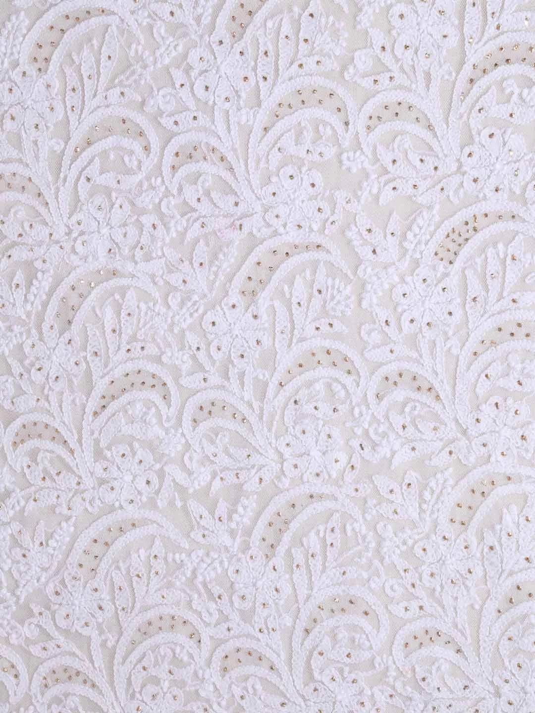 Ada Hand Embroidered White Net Lucknowi Chikankari Unstitched Kurta Dupatta Set With Muqaish Work A103484