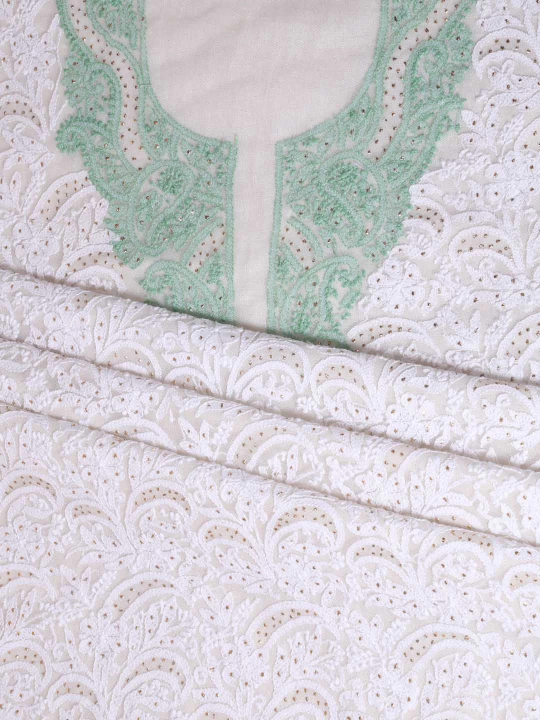 Ada Hand Embroidered White Net Lucknowi Chikankari Unstitched Kurta Dupatta Set With Muqaish Work A103484