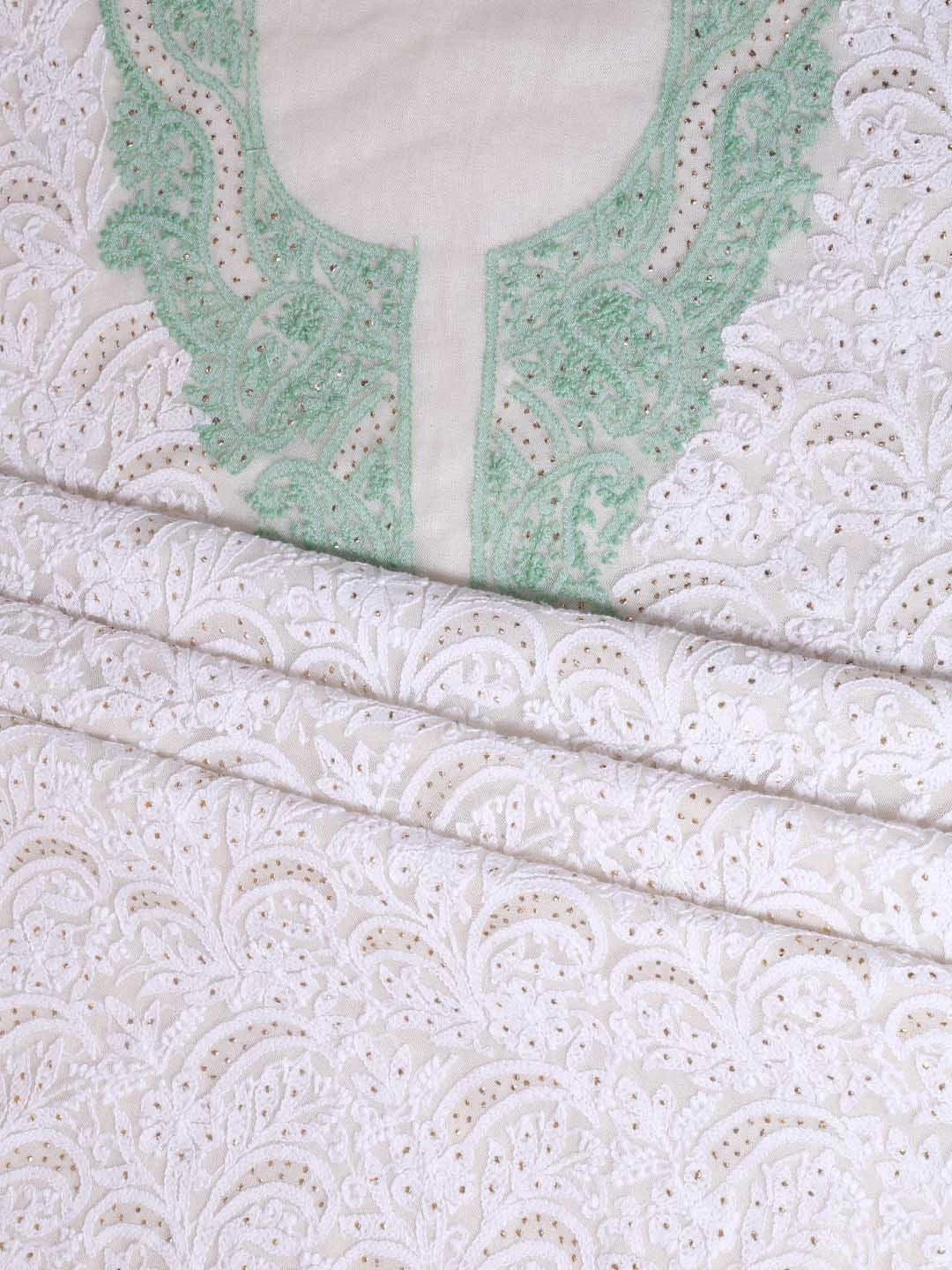 Ada Hand Embroidered White Net Lucknowi Chikankari Unstitched Kurta Dupatta Set With Muqaish Work A103484