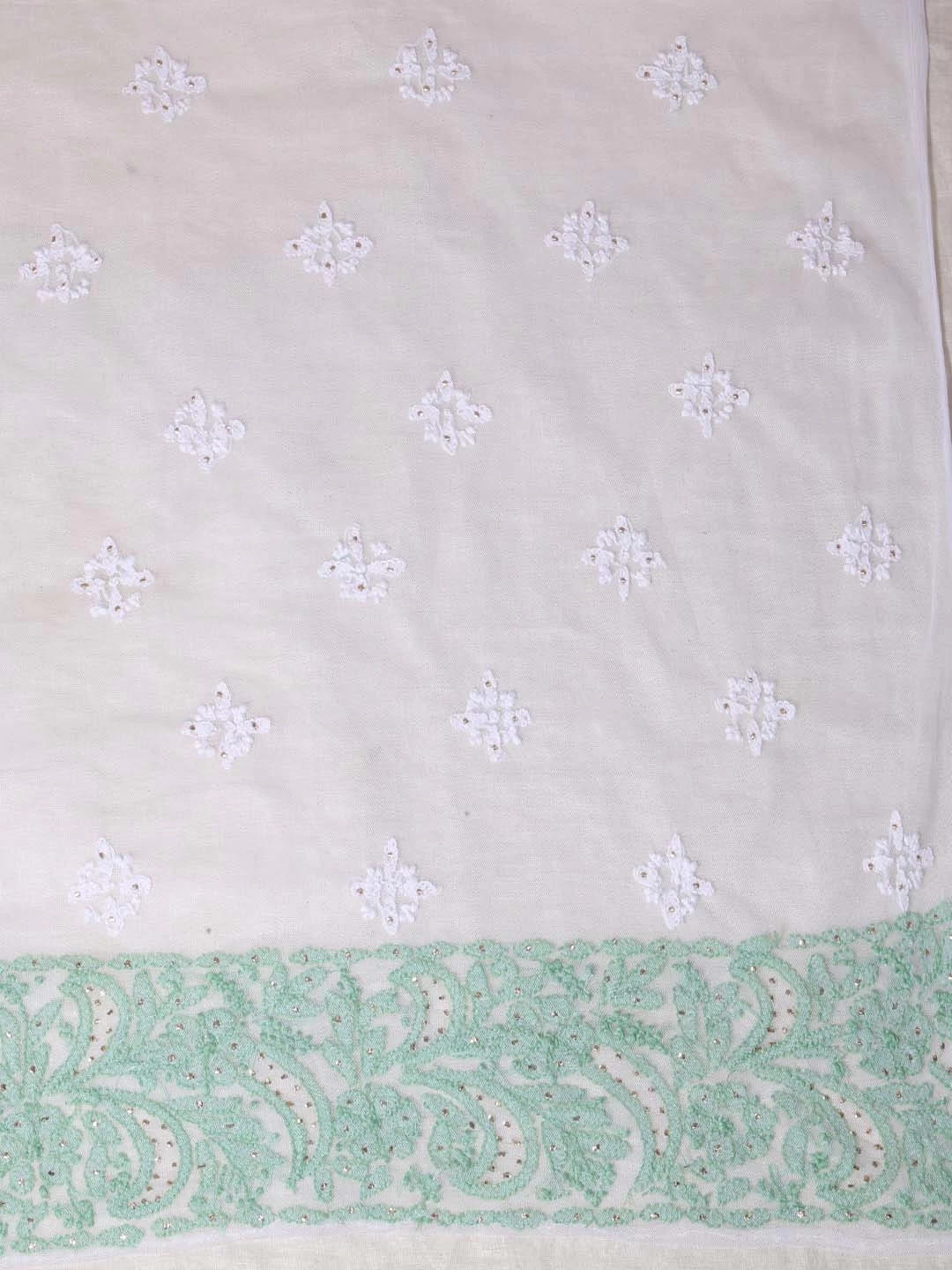Ada Hand Embroidered White Net Lucknowi Chikankari Unstitched Kurta Dupatta Set With Muqaish Work A103484