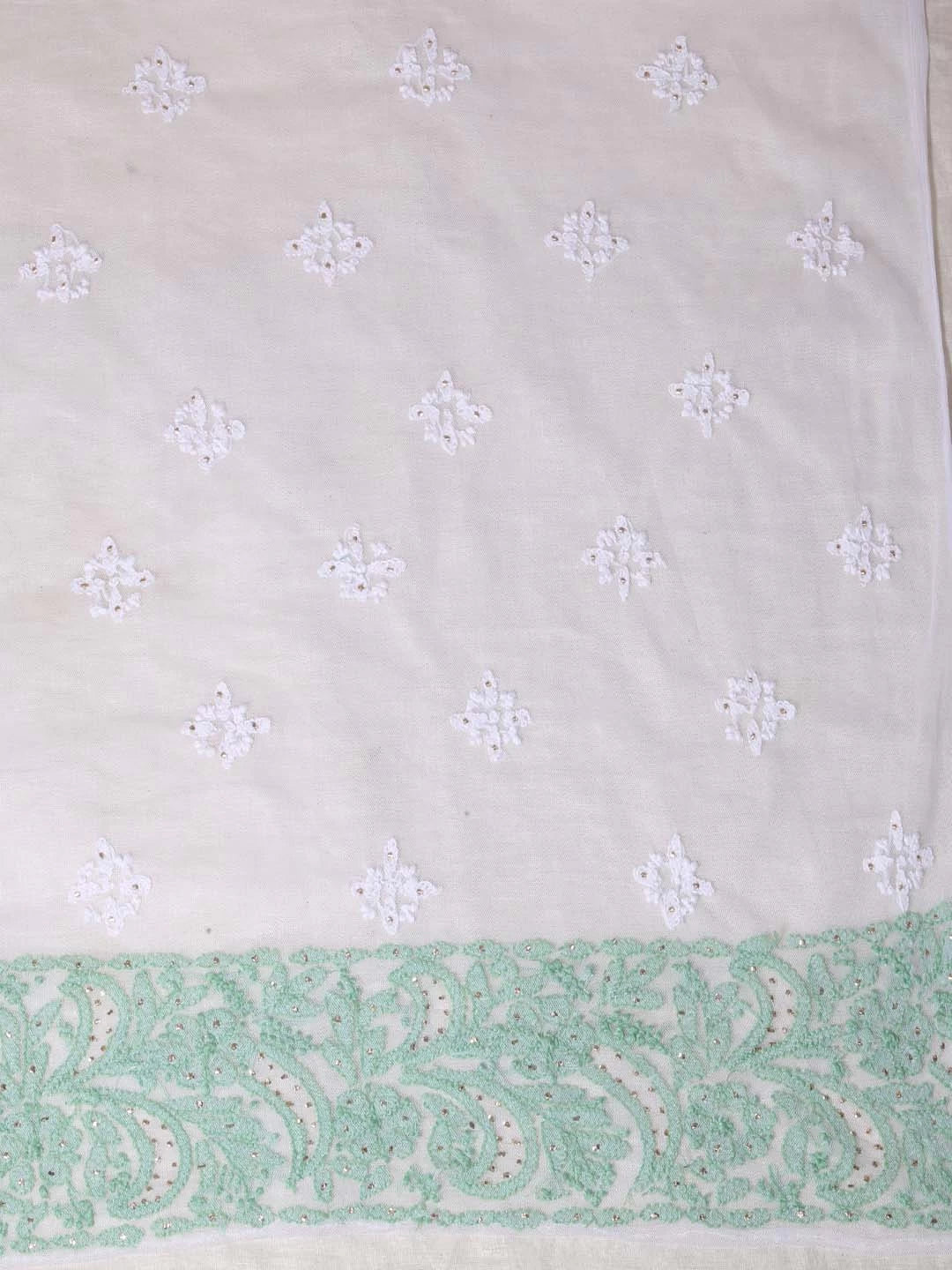 Ada Hand Embroidered White Net Lucknowi Chikankari Unstitched Kurta Dupatta Set With Muqaish Work A103484