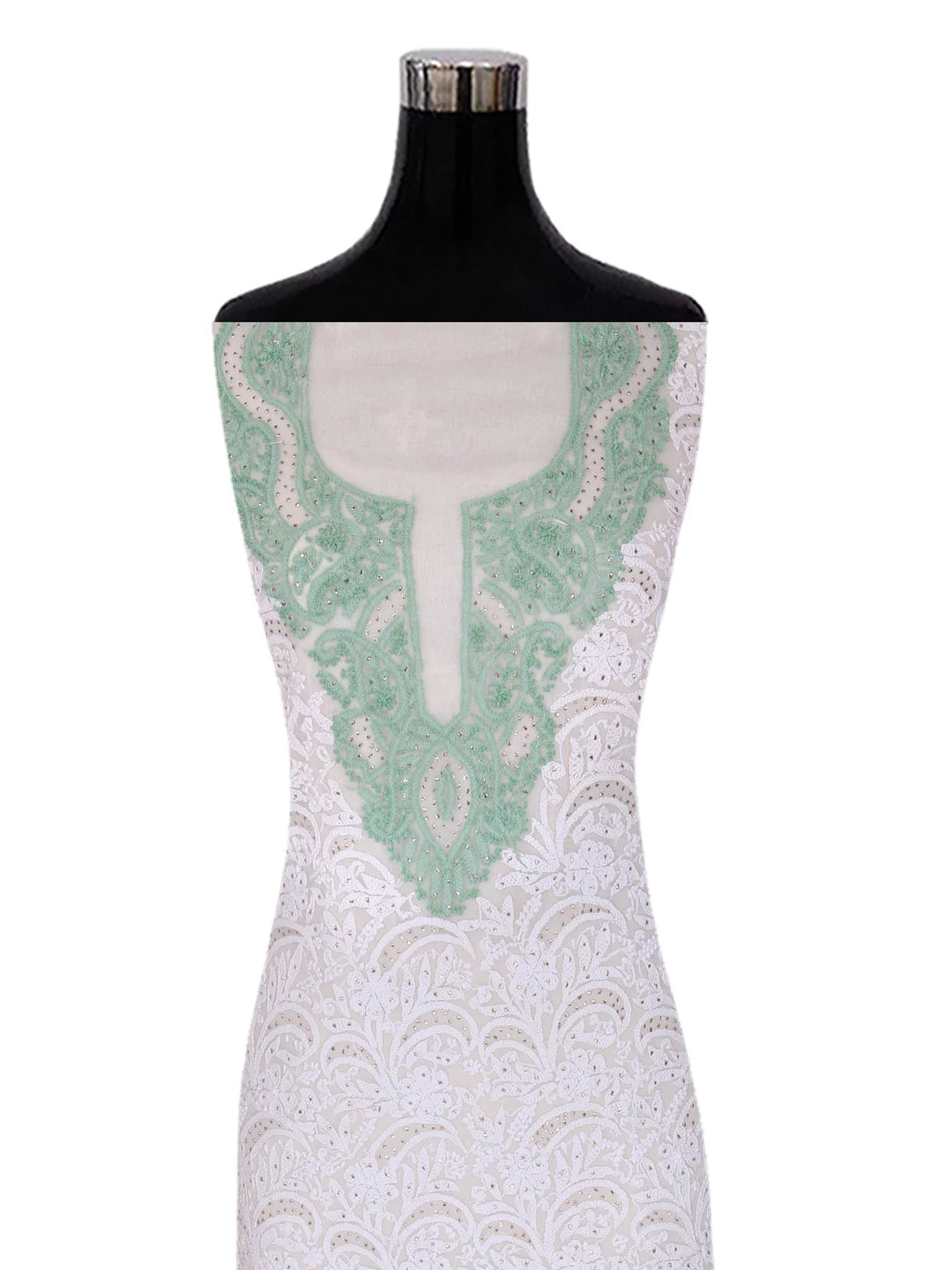 Ada Hand Embroidered White Net Lucknowi Chikankari Unstitched Kurta Dupatta Set With Muqaish Work A103484