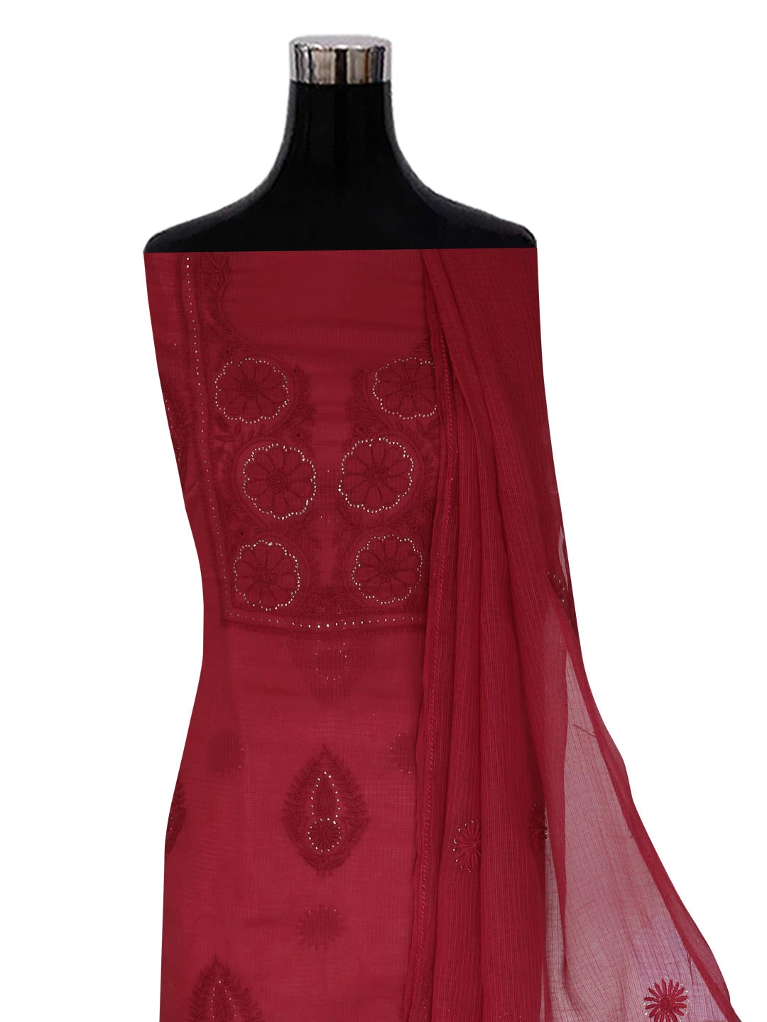 Ada Hand Embroidered Maroon Kota Lucknowi Chikankari Unstitched Kurta Dupatta Set With Muqaish Work 01A395933