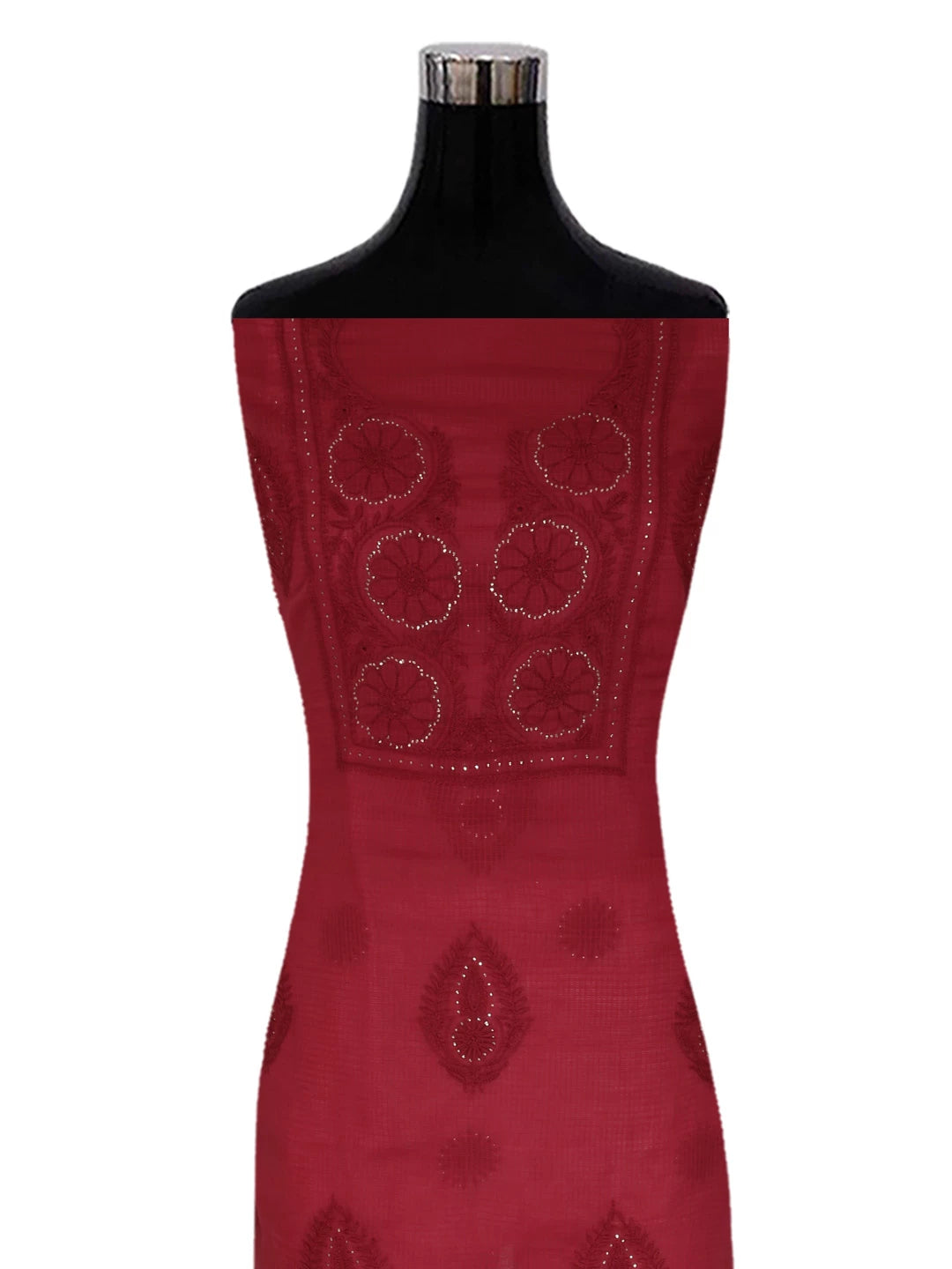 Ada Hand Embroidered Maroon Kota Lucknowi Chikankari Unstitched Kurta Dupatta Set With Muqaish Work 01A395933